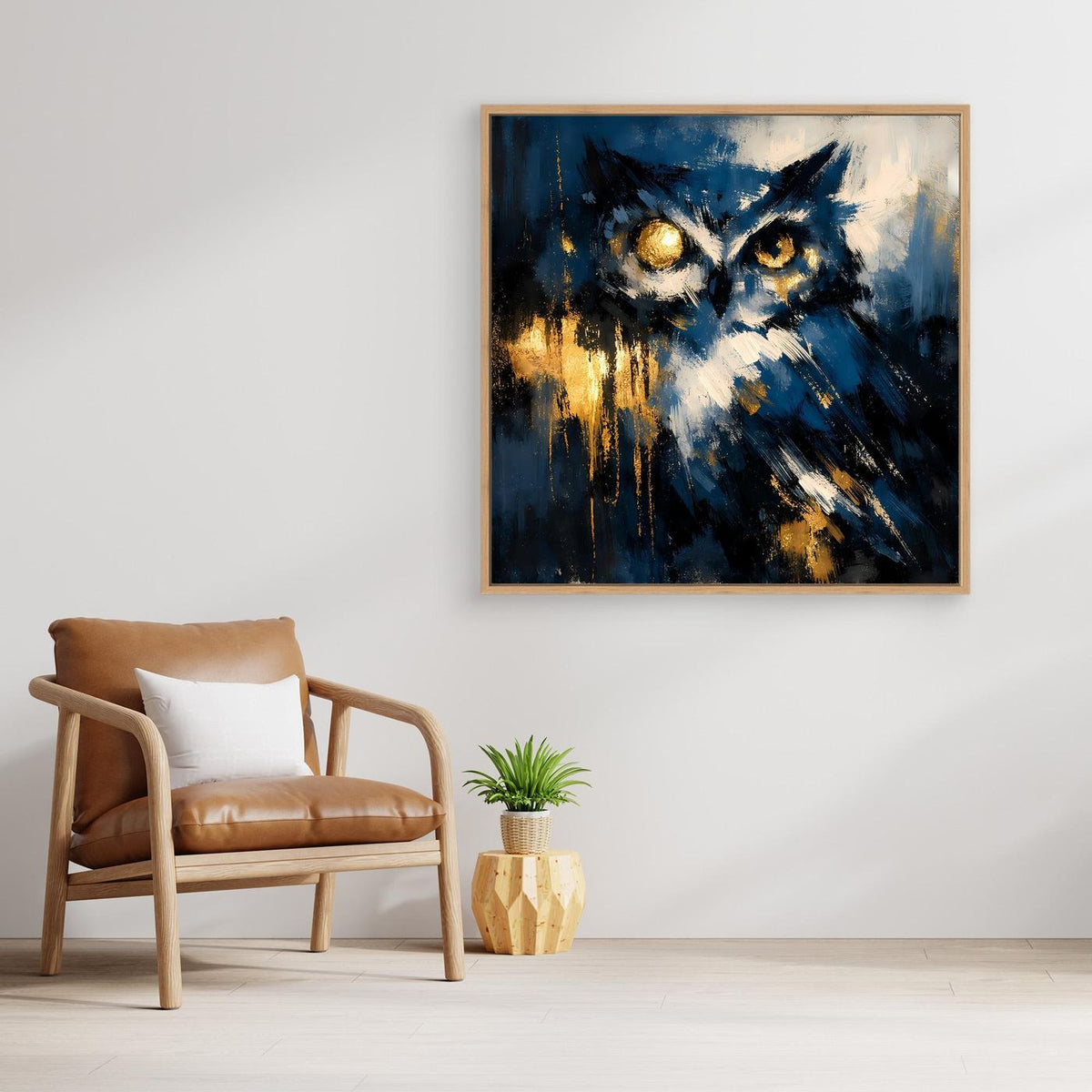 Leinwand-Wandbild mit abstrakter Eule in Blau und Gold, Holzrahmen