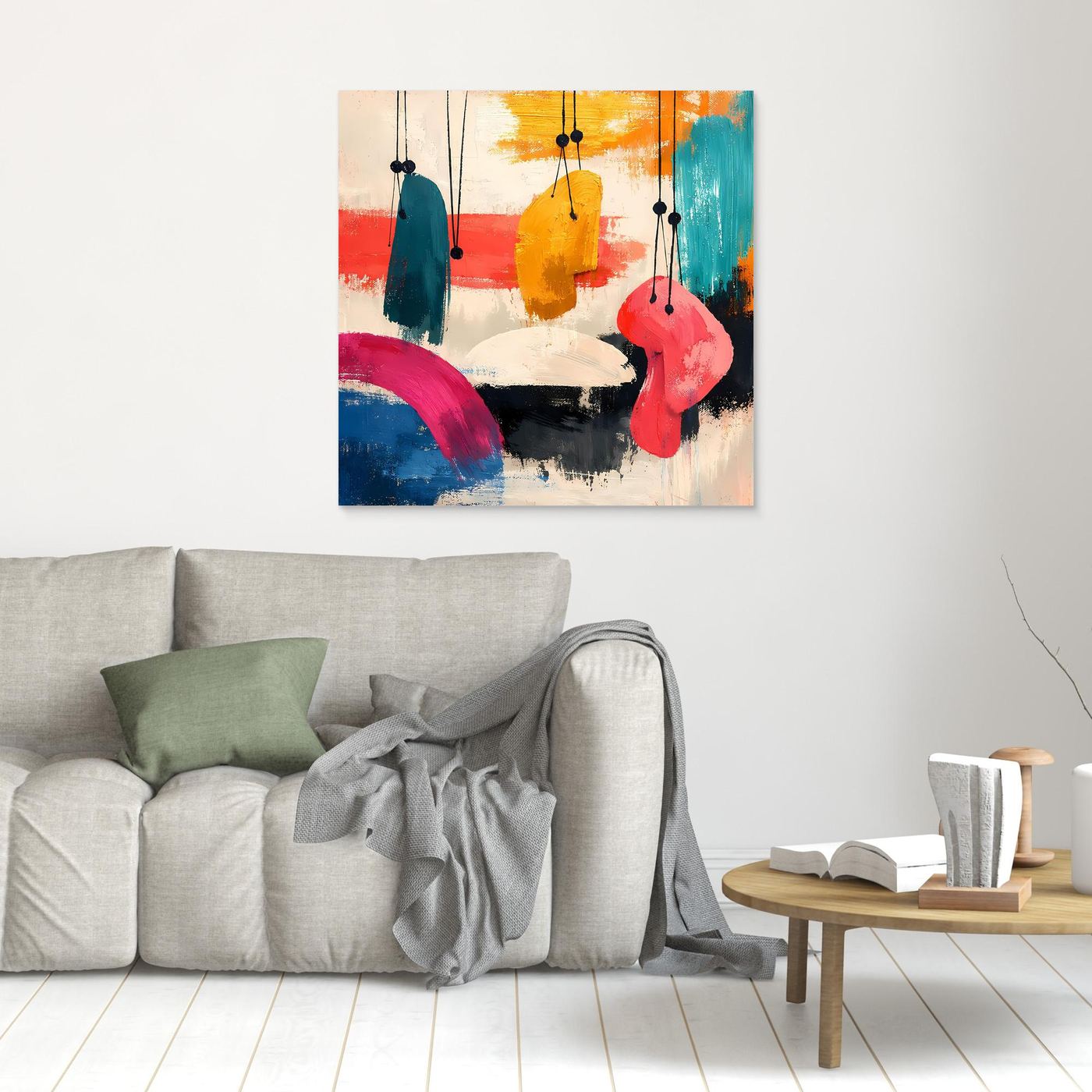 Small abstract wall art with hanging organic shapes in teal, yellow, pink, blue