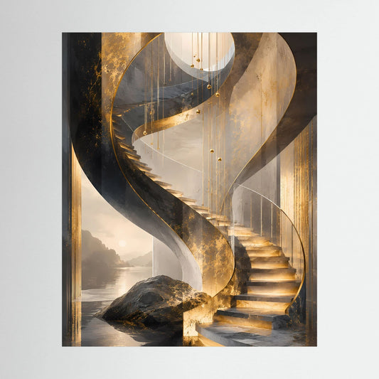 Hochformat-Poster mit goldener Wendeltreppe in Schwarz und Creme, abstrakte Architektur