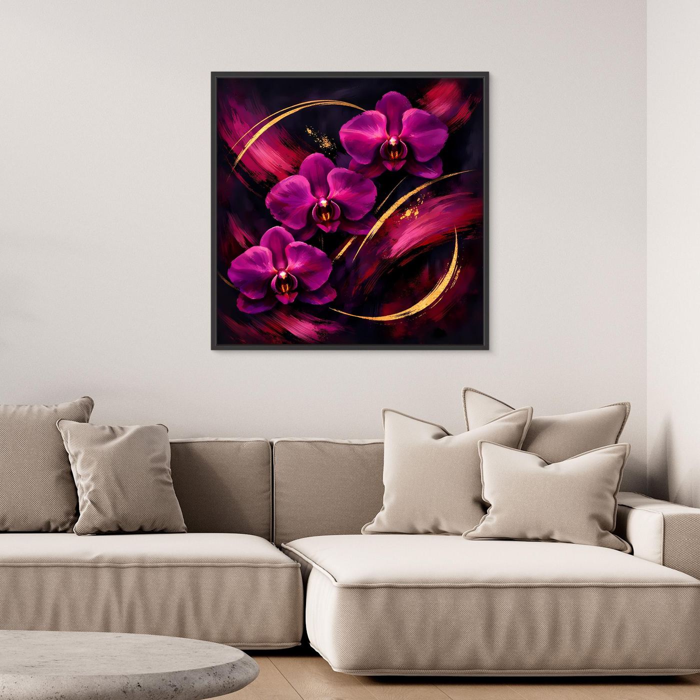 Leinwandbild mit magenta Orchideen und goldenen geschwungenen Linien im dunklen Stil, schwarzer Rahmen