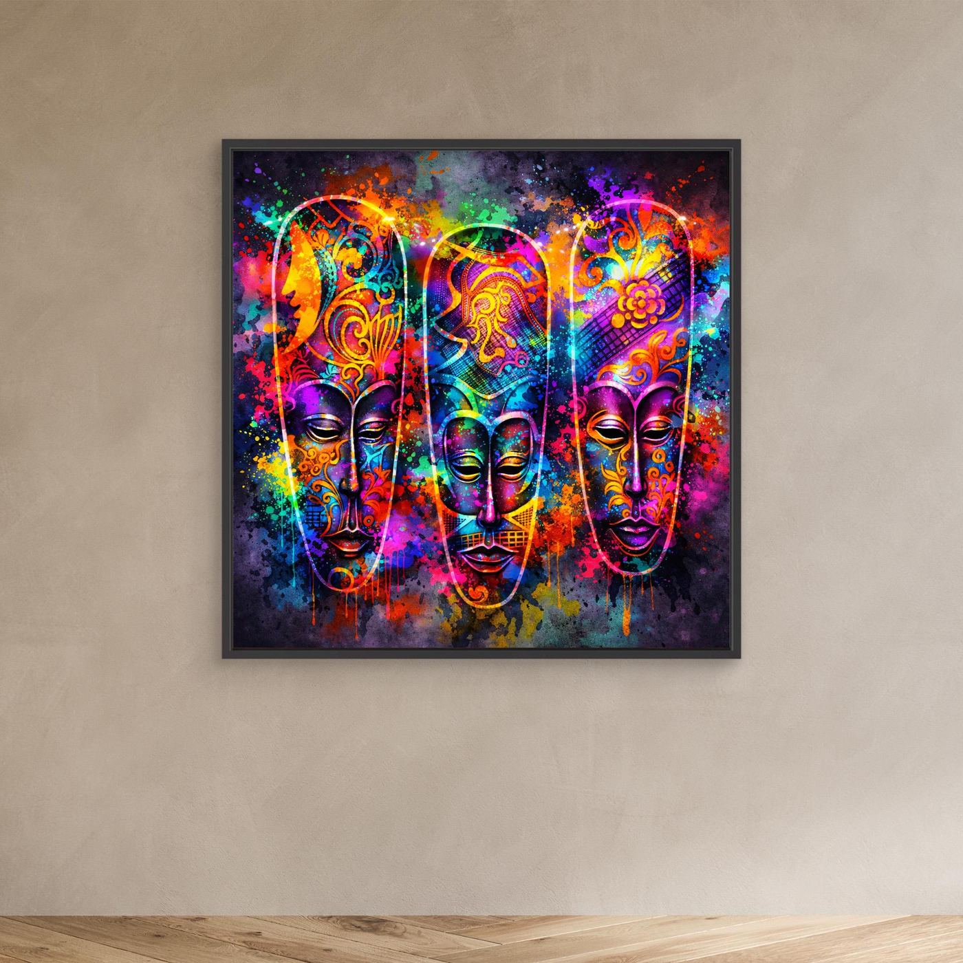 Leinwandbild mit drei bunten Neon-Masken, im schwarzen Rahmen an der Wand