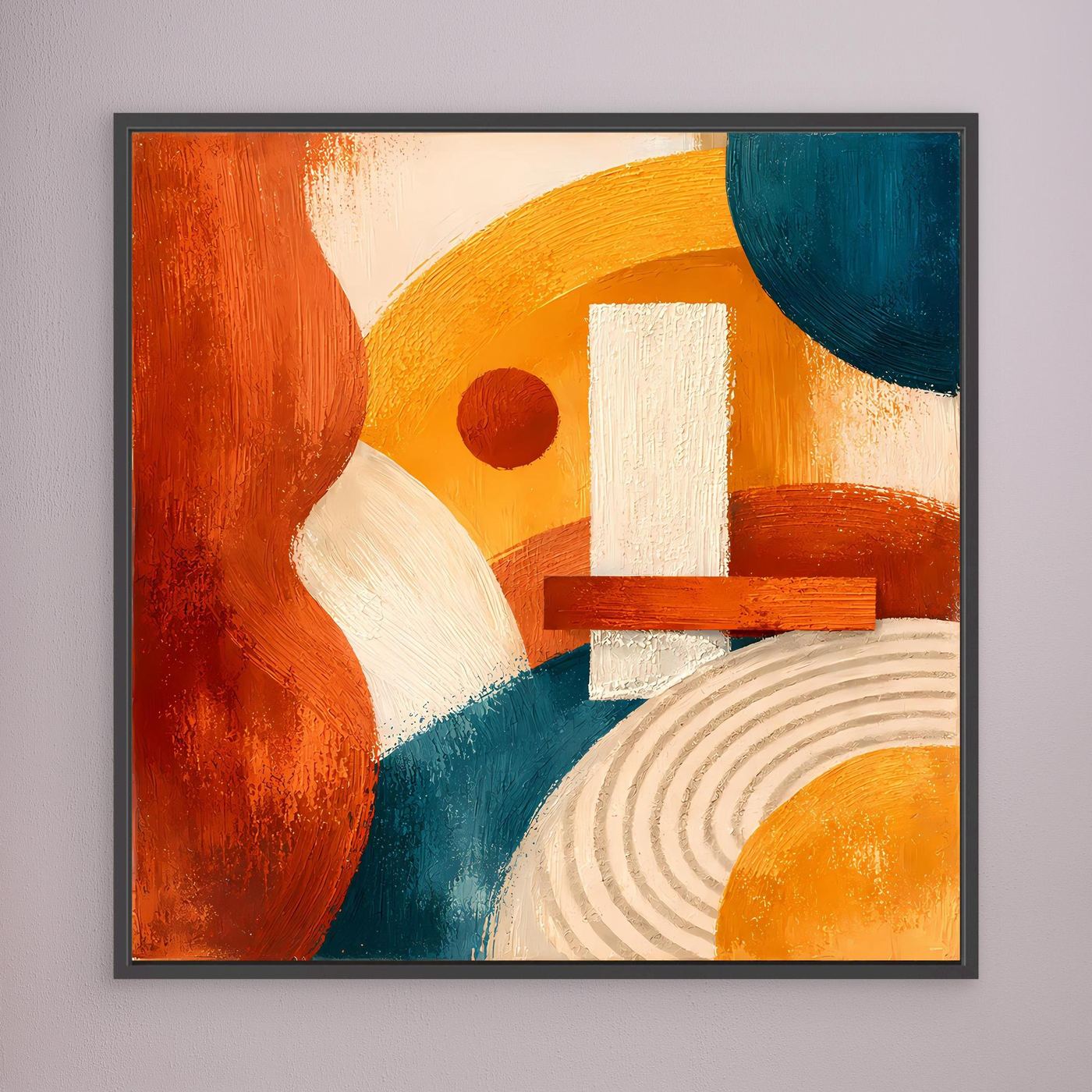 Gerahmtes Leinwandbild mit geometrischen Segmenten und Linien, Terrakotta, Blau, Ocker, Weiß