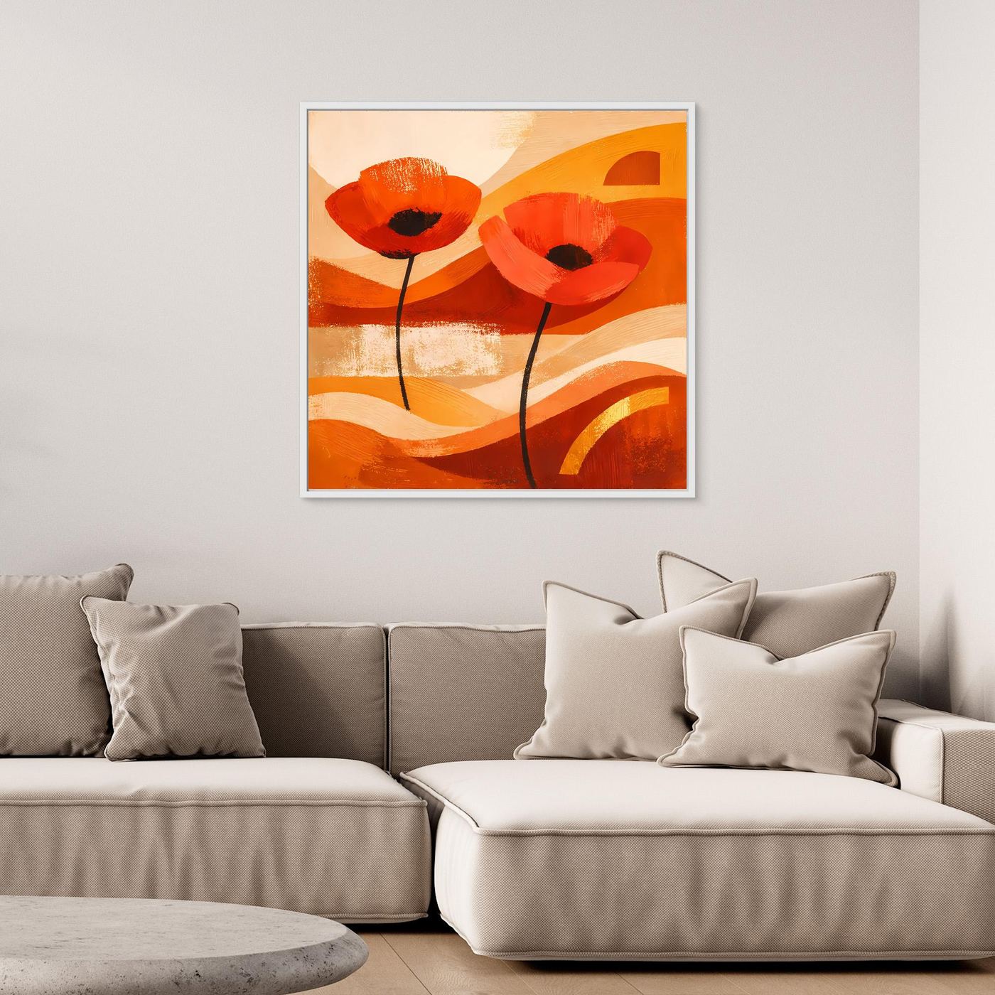 Leinwandbild mit orangefarbenen Mohnblüten als abstrakte Formen und schwarzen Linien
