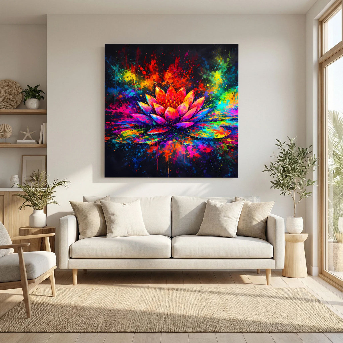 Rechteckiges Leinwandbild mit Lotusblüte aus leuchtenden Farben, farbige Strahlen und Sprenkel