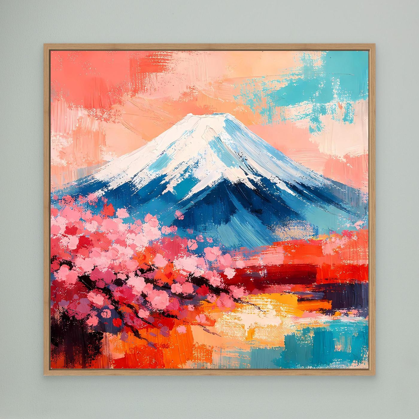 Leinwandbild mit Fuji und Kirschblüten in Abstraktstil, blau-weißer Berg, brauner Rahmen