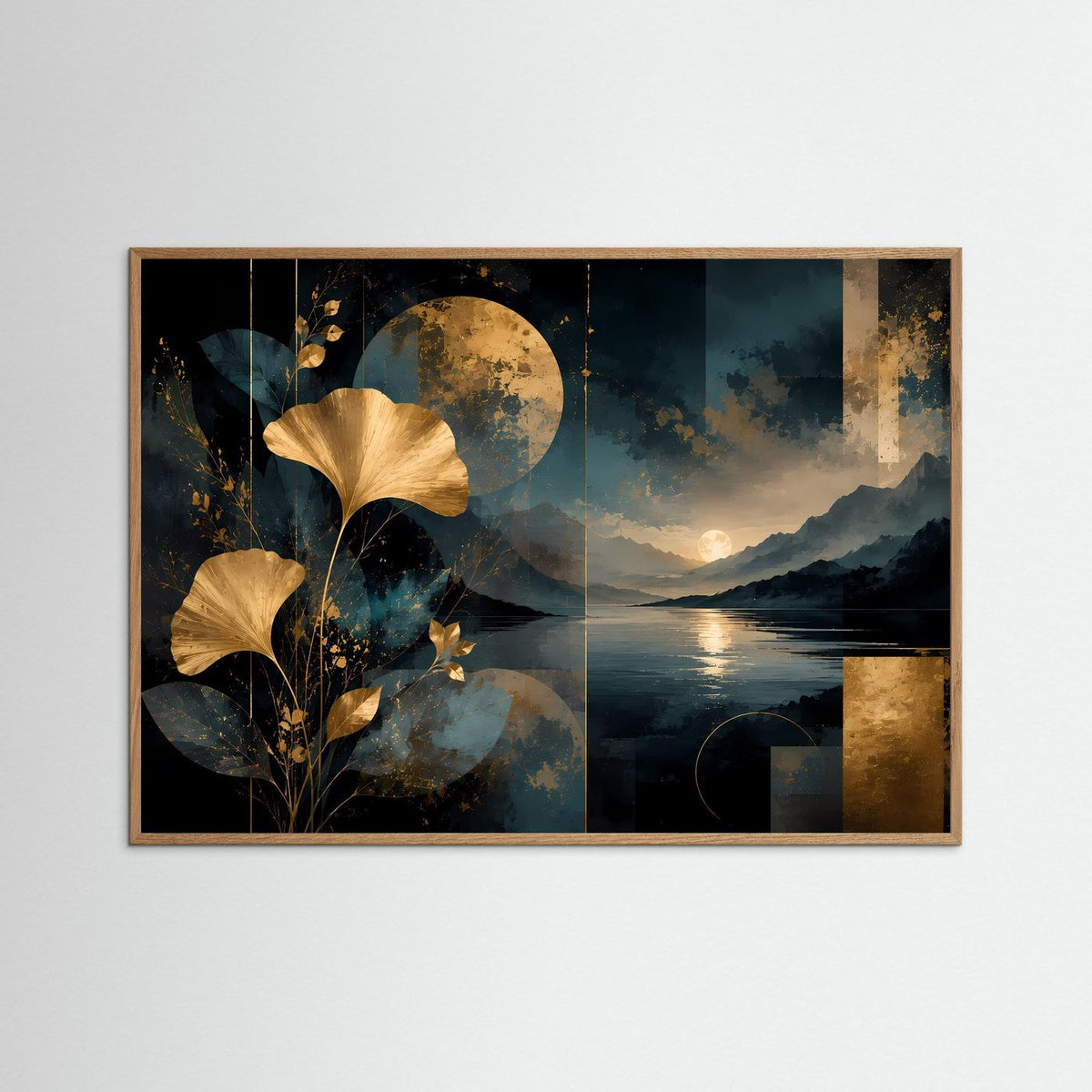 Abstraktes Naturkunst-Poster mit goldenen Ginkgo-Blättern, Berge und See im Querformat, brauner Rahmen