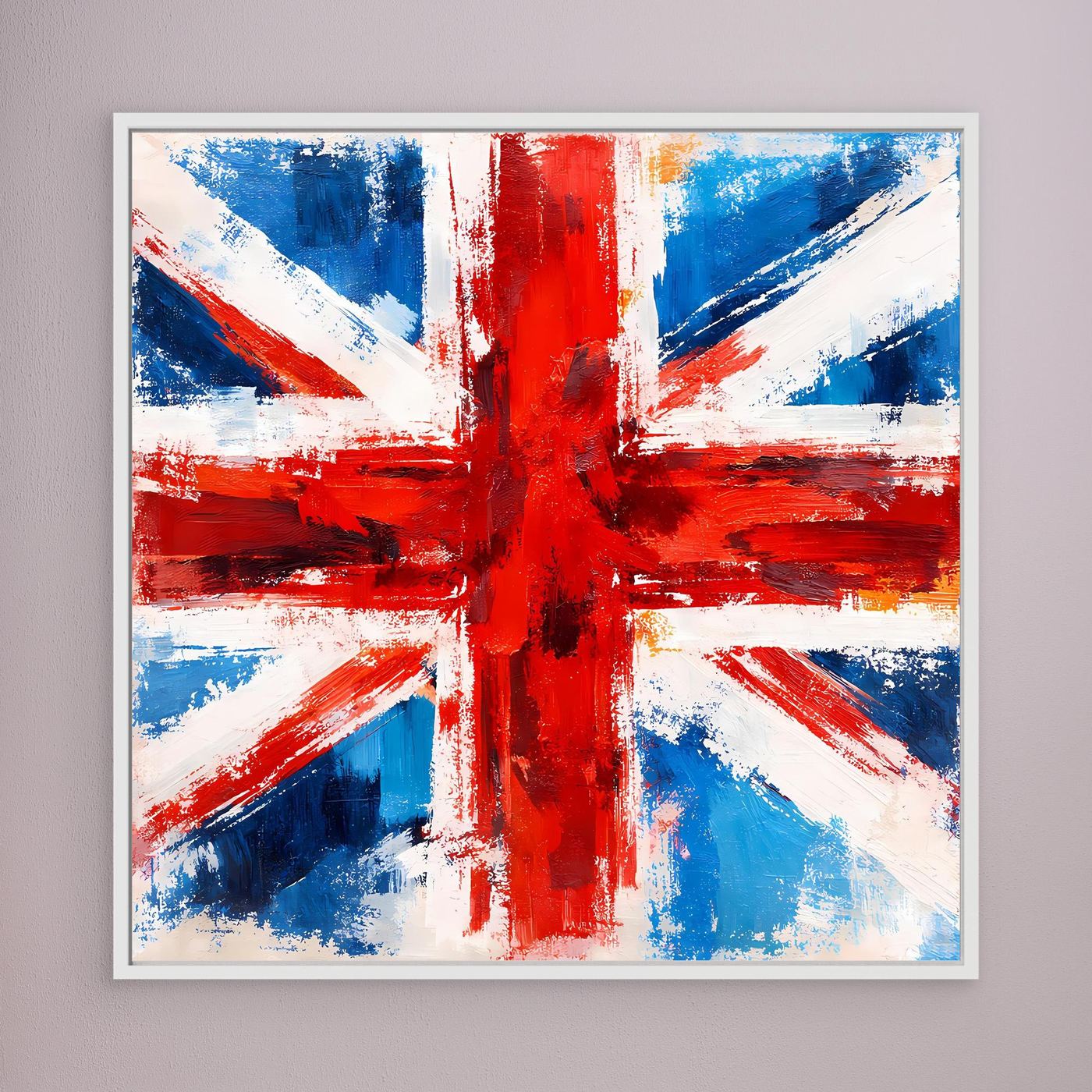 Abstract Union Jack canvas wall art with white frame, distressed red cross and blue diagonal bands