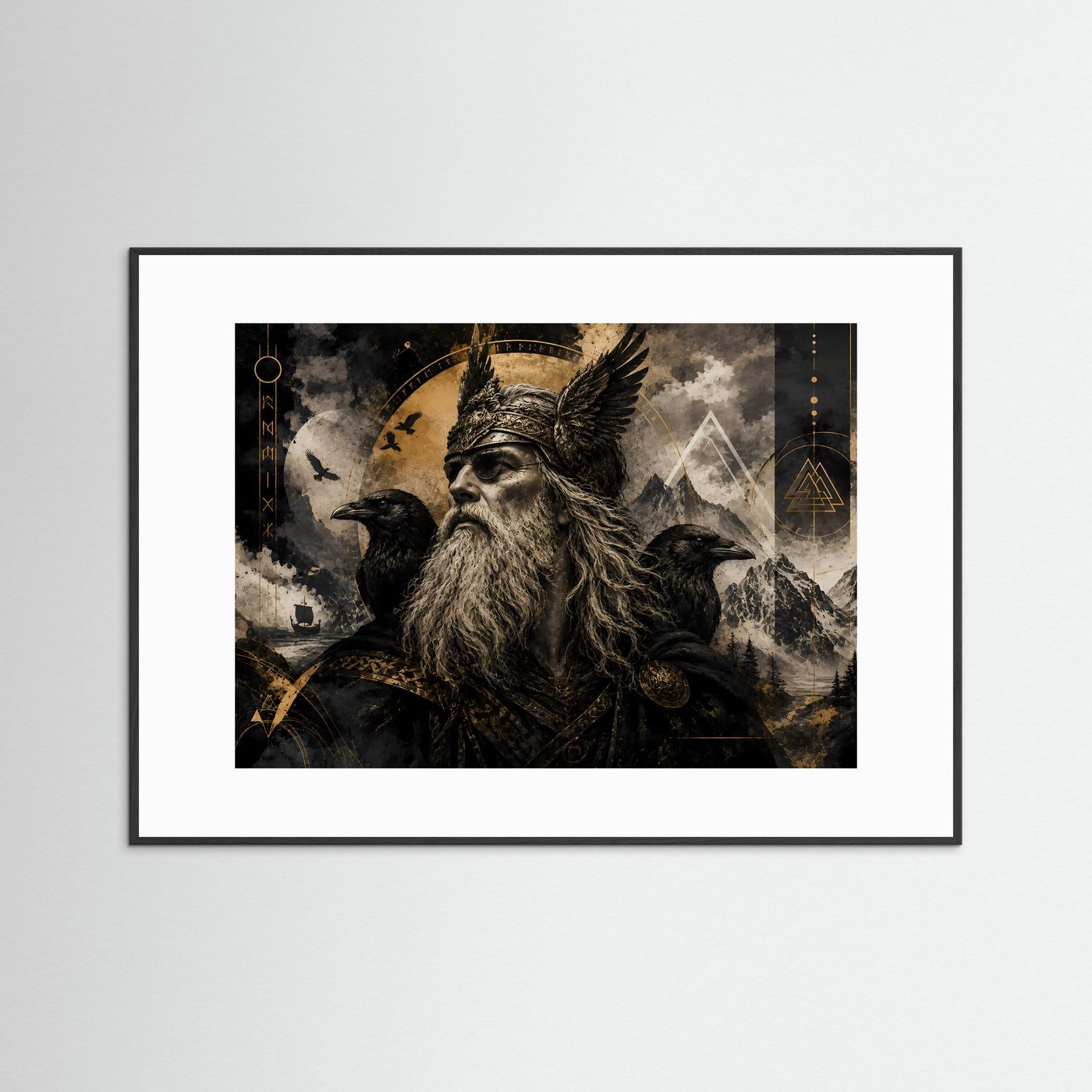 Poster im schwarzen Holzrahmen mit weißem Passepartout: Odin und Raben, schwarz-golden