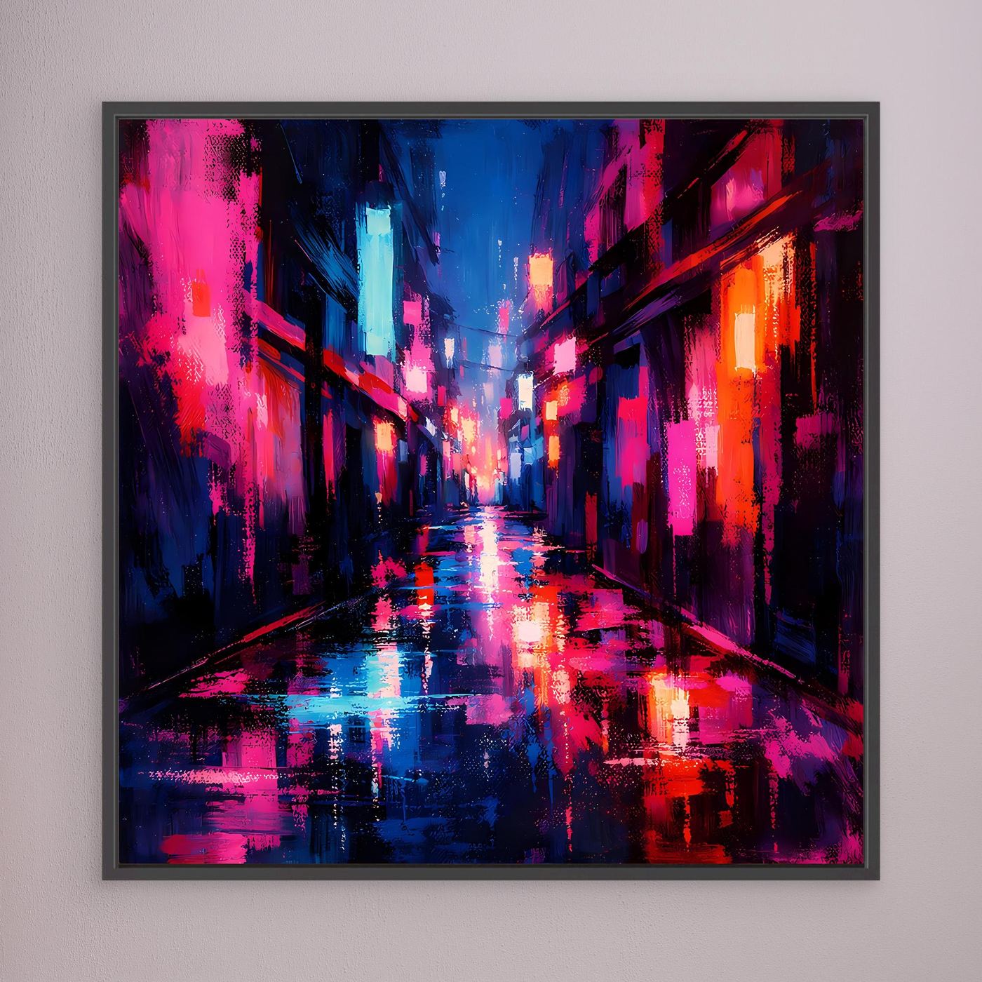 Leinwand Cyberpunk Nachtgasse im Regen | Modernes Neon Wandbild