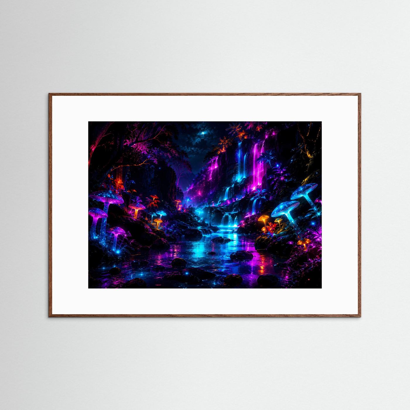 Neon-Wasserfall-Wandbild mit leuchtenden Pilzen, dunkler Eichenrahmen