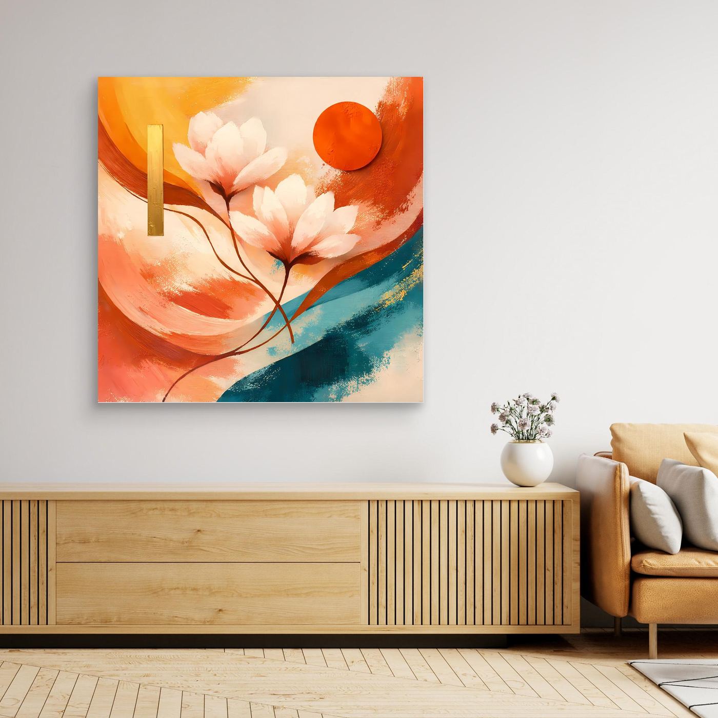 Leinwandbild mit Lotusblüten, abstrakte Komposition in Terrakotta, Orange und Türkis.