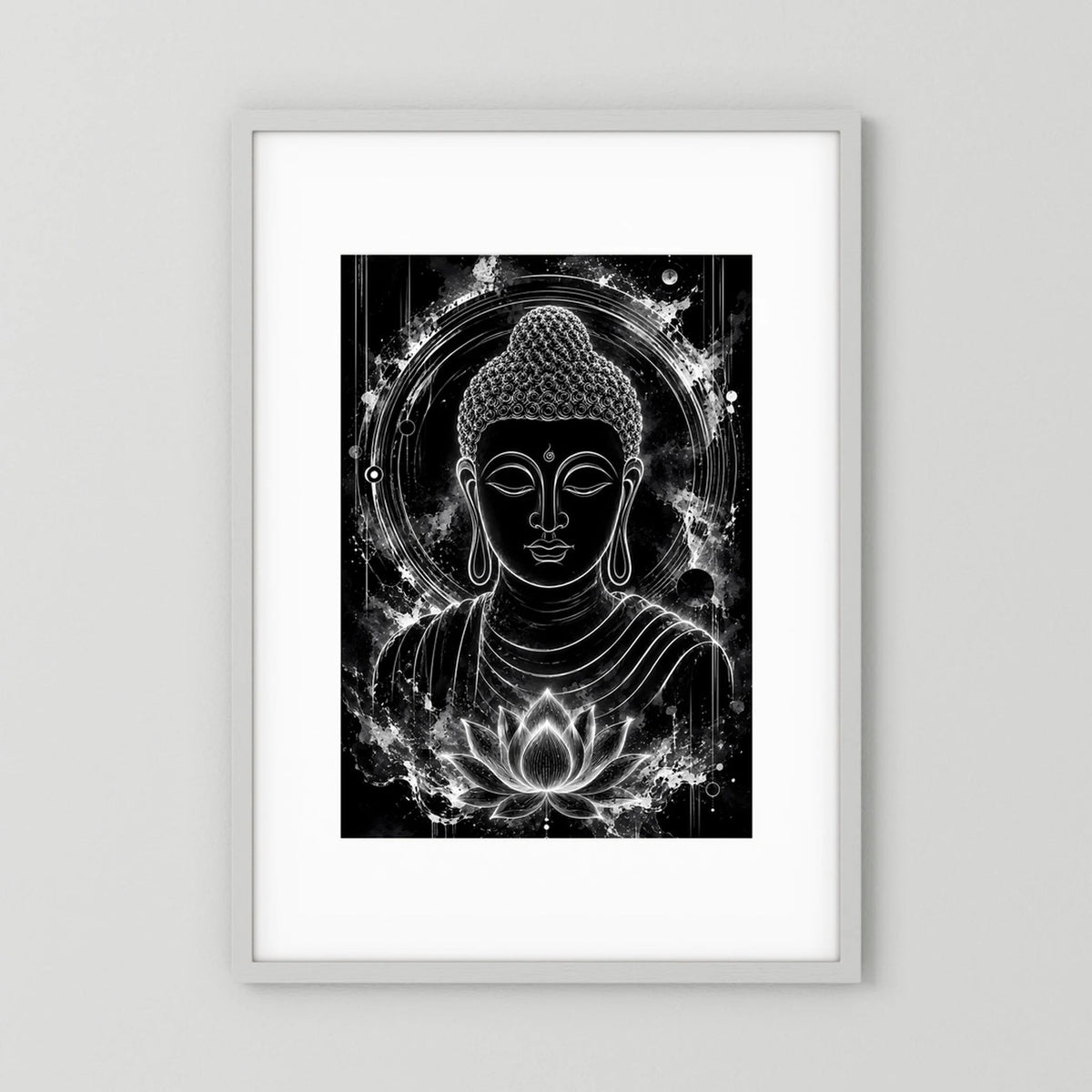 Gerahmter Hochformat-Kunstdruck mit Buddha-Porträt und Lotus in Schwarzweiß