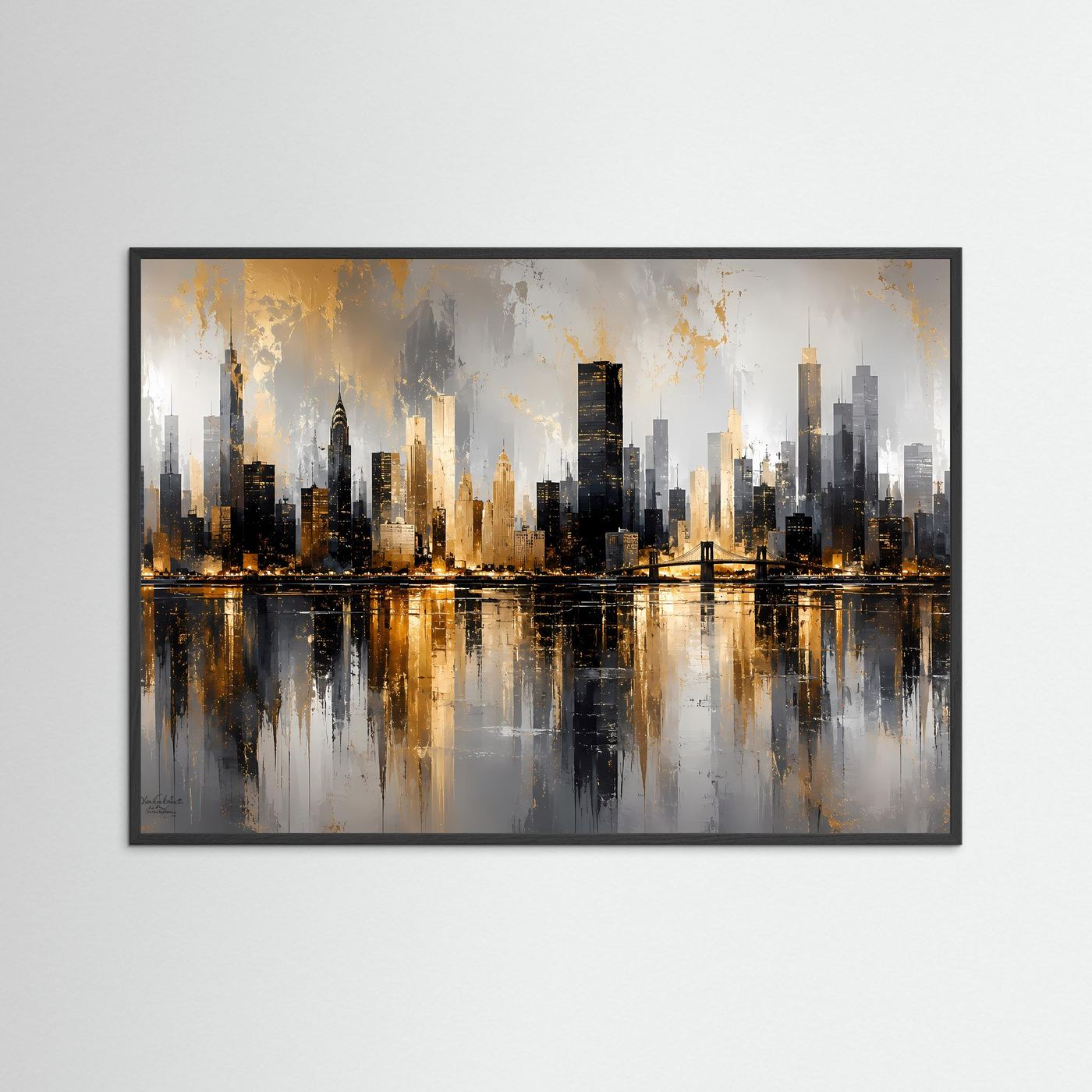 Stadtkunst-Poster Querformat mit Skyline, Wasserreflexion und dunklem Schwarzrahmen