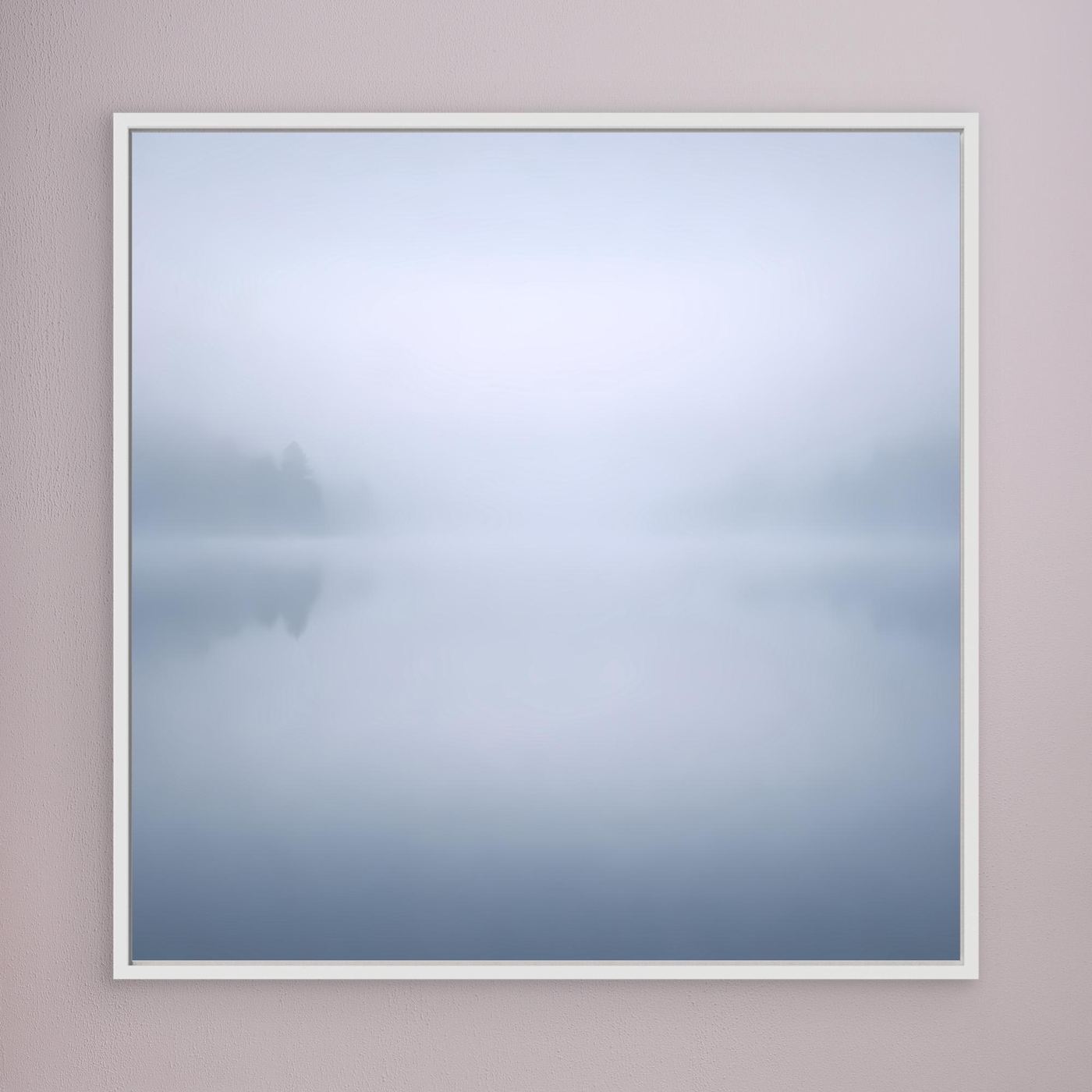 Leinwandbild Nebelsee mit Spiegelung, blau-grau, weißer Rahmen