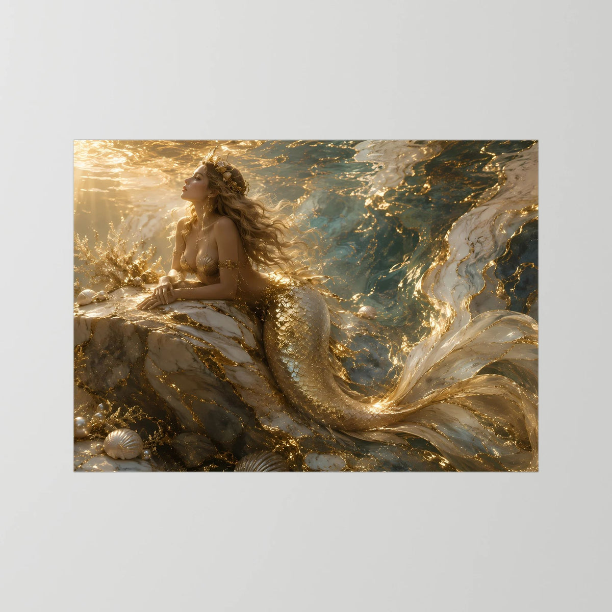 Meerjungfrau-Wandbild mit goldbraunem Holzrahmen, Meerjungfrau und glitzernde Wellen