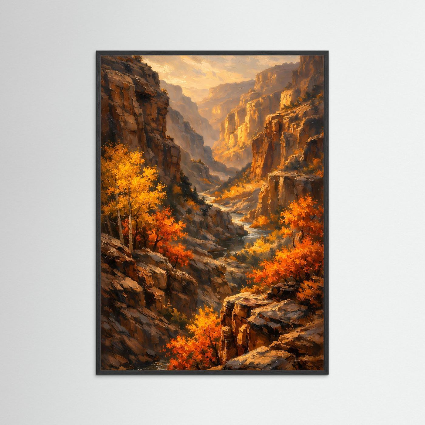 Poster im schwarzen Rahmen: Herbst-Schlucht mit orangefarbenem Flusslauf und Felsen