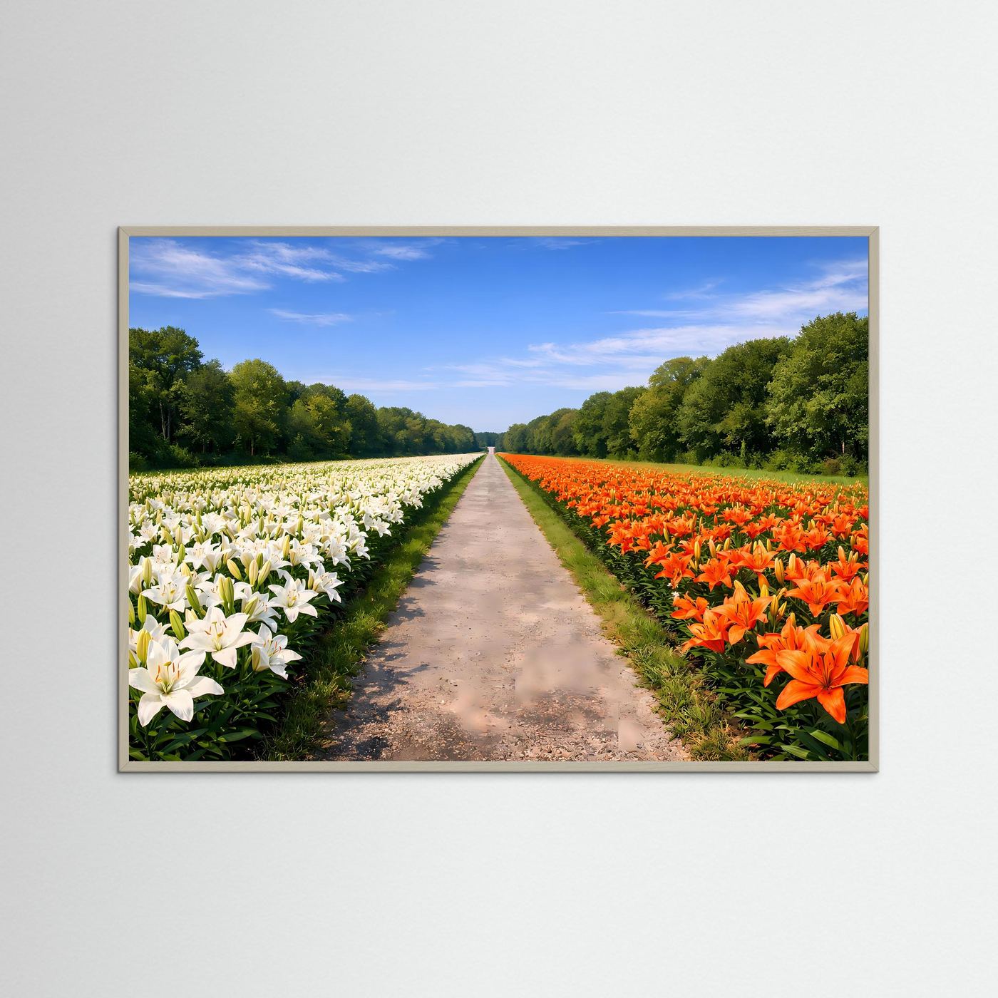 Prachtvolles Lilienfeld mit Allee-Weg | Weiße & Orange Blüten Natur Poster Querformat