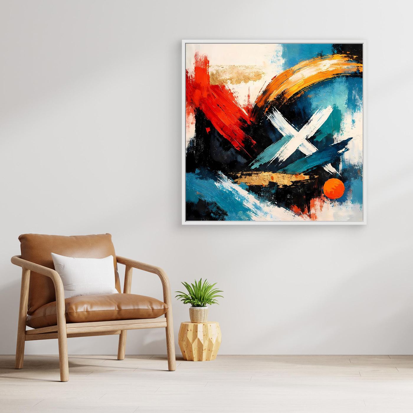 Leinwandbild im silbernen Rahmen mit abstraktem Motiv aus Rot, Blau und Schwarz und X-Form