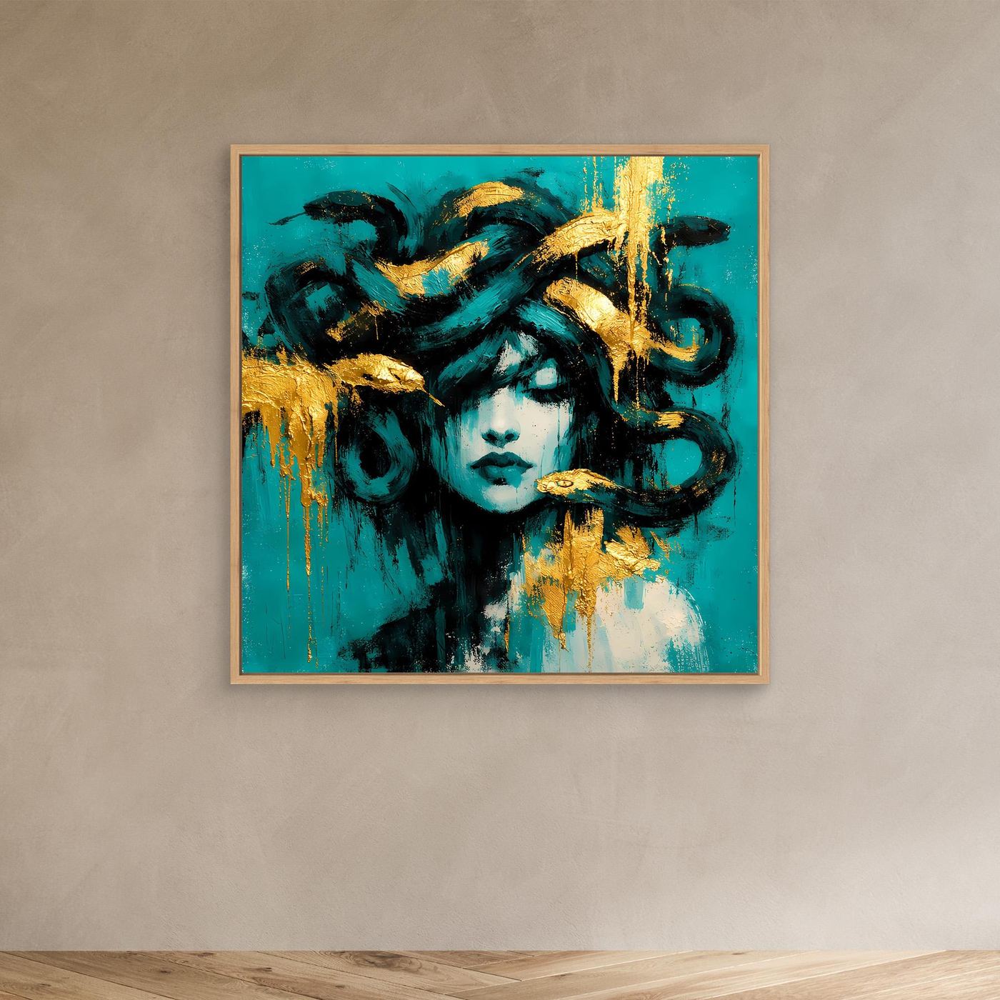 Leinwand Mythische Medusa in Türkis und Gold | Abstraktes Gorgonen Wandbild