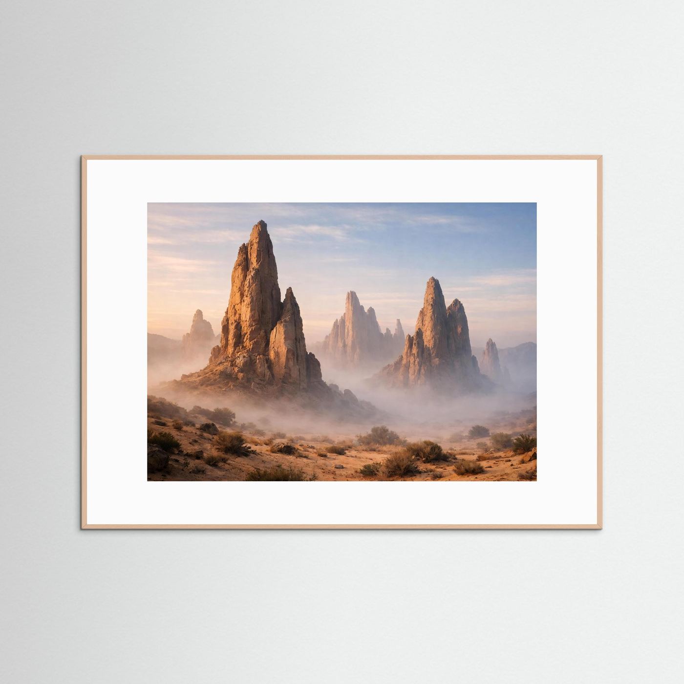Naturfarben gerahmtes Naturposter im Querformat mit Felstürmen und Nebel