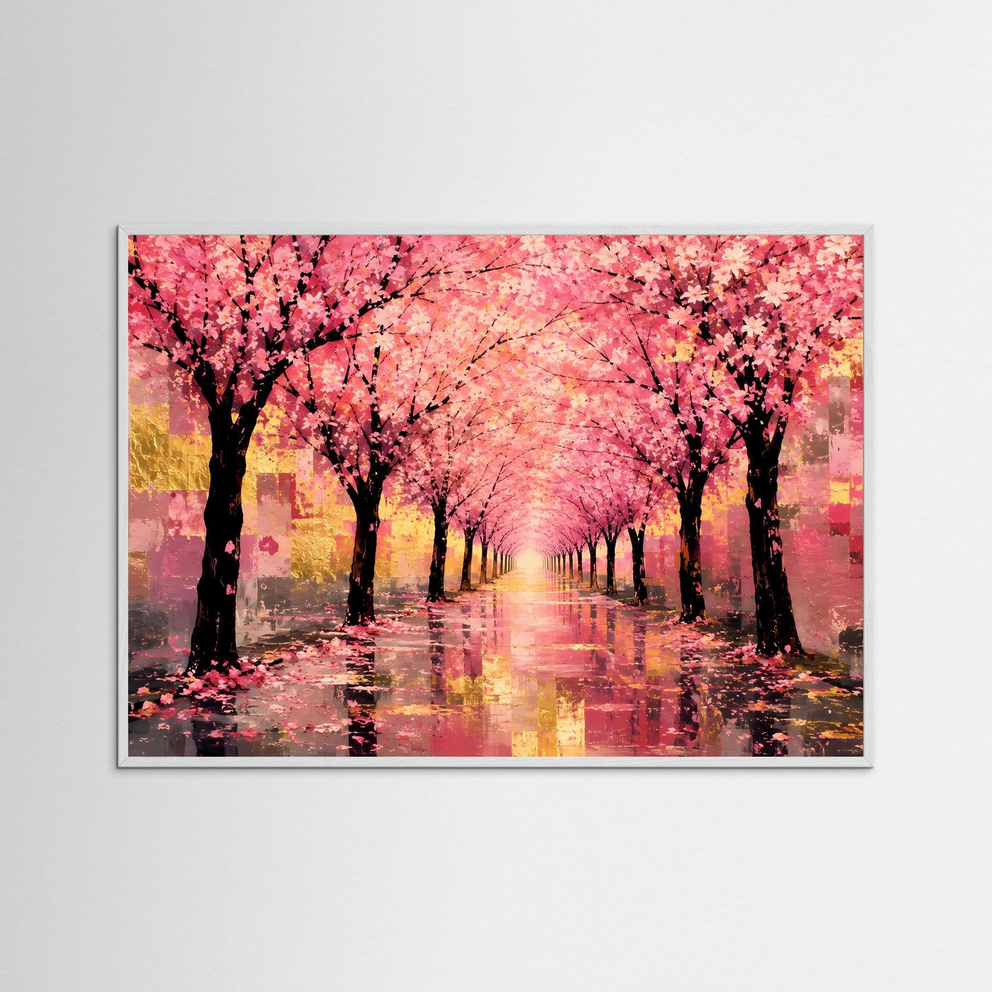 Gerahmtes Kunstposter mit Kirschblütenallee, rosa Bäumen und spiegelnder Straße im Vordergrund