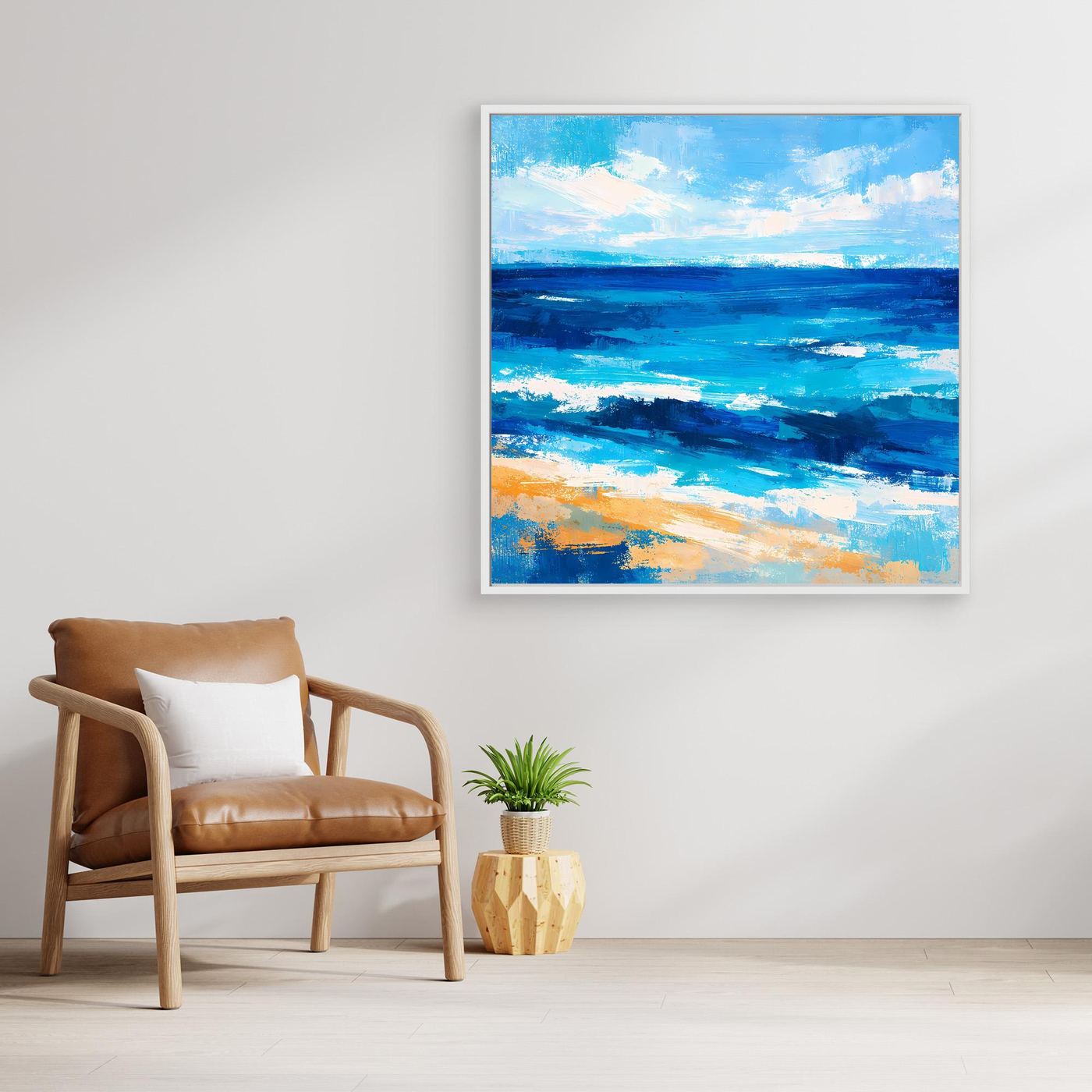 Abstract ocean canvas wall art with blue and beige wave strokes, white frame border