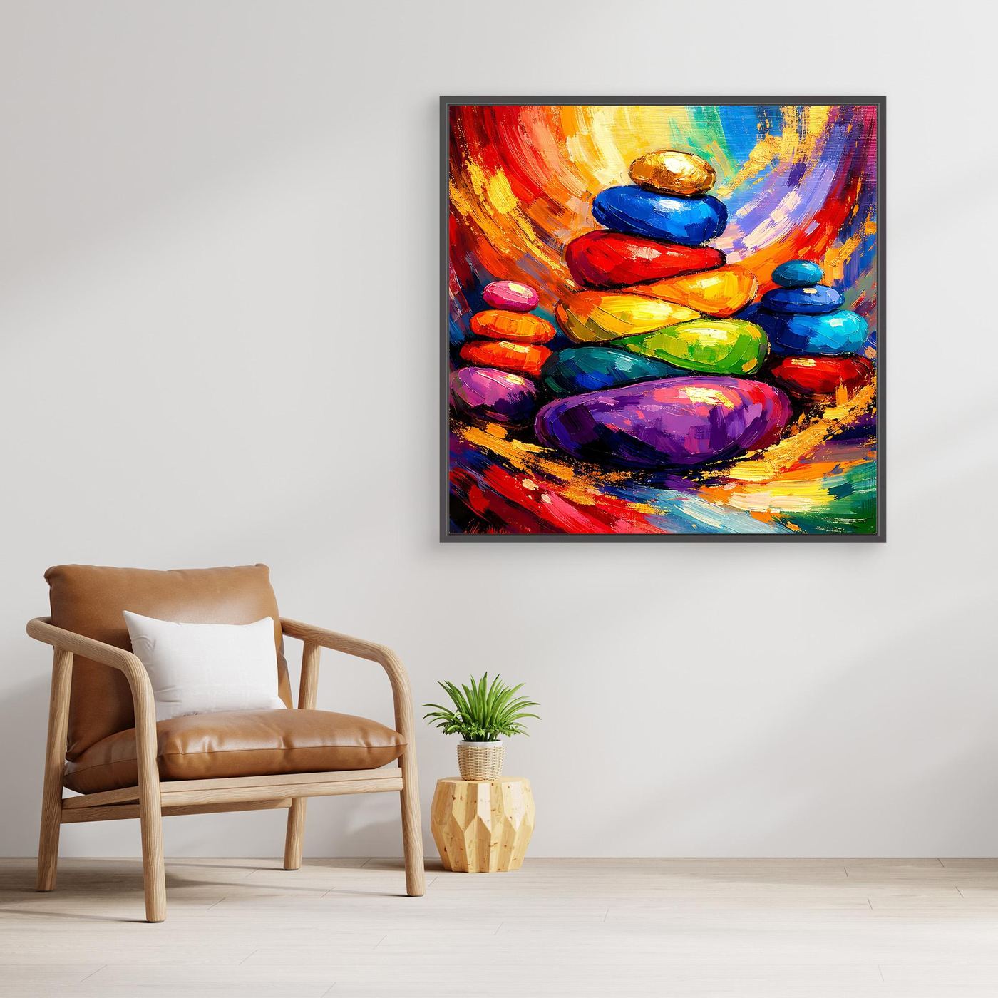 Leinwandbild abstrakte Zen-Steine mit dunklem Rahmen, leuchtende Farben