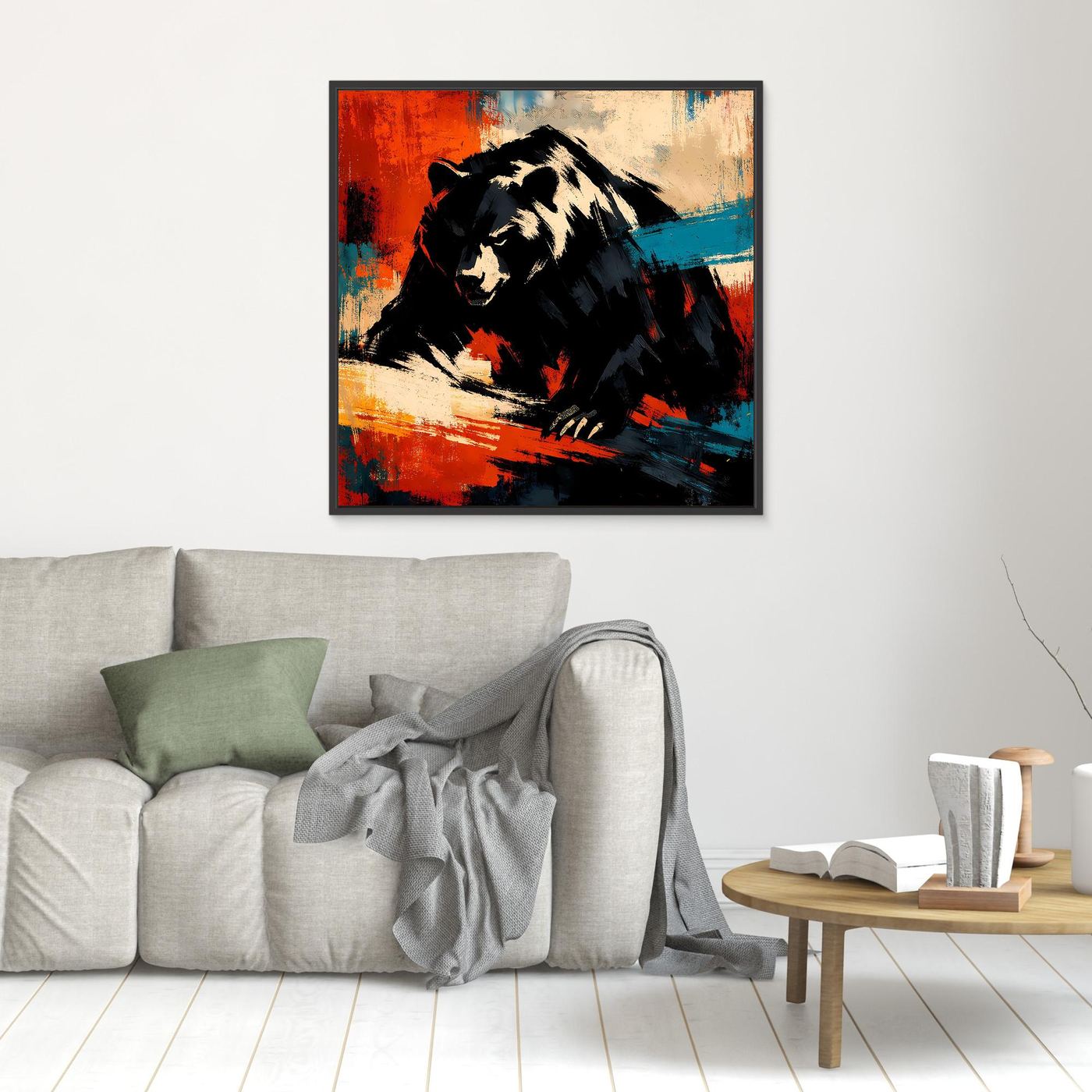 Leinwand-Wandbild: abstrakter Grizzlybär, schwarz-beige, Rot- und Blauakzente, schwarzer Rahmen