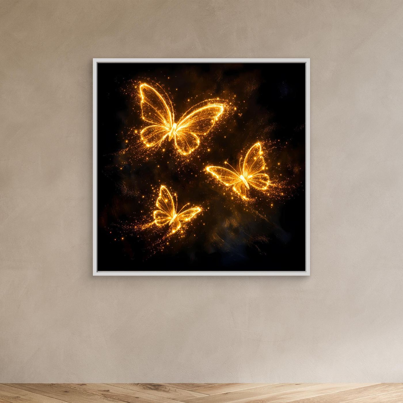 Premium Leinwand Leuchtende Schmetterlinge in Gold | Elegantes Fantasy Wandbild abstrakt