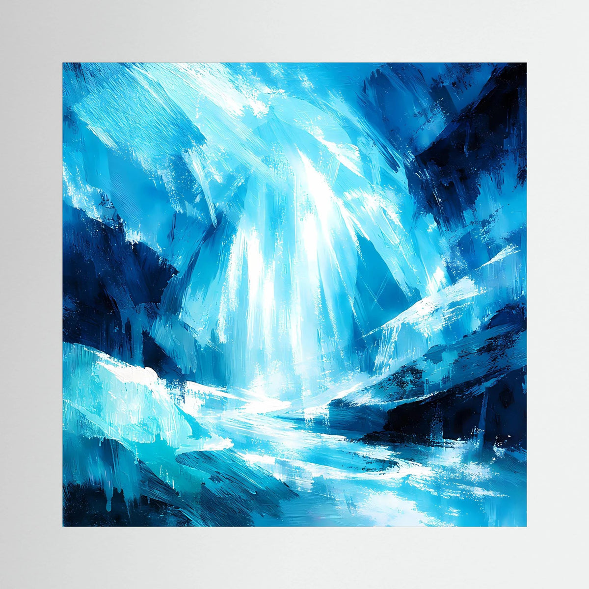 Abstraktes Leinwand-Wandbild mit blauem Eiswasserfall-Design und strahlendem Lichtkegel