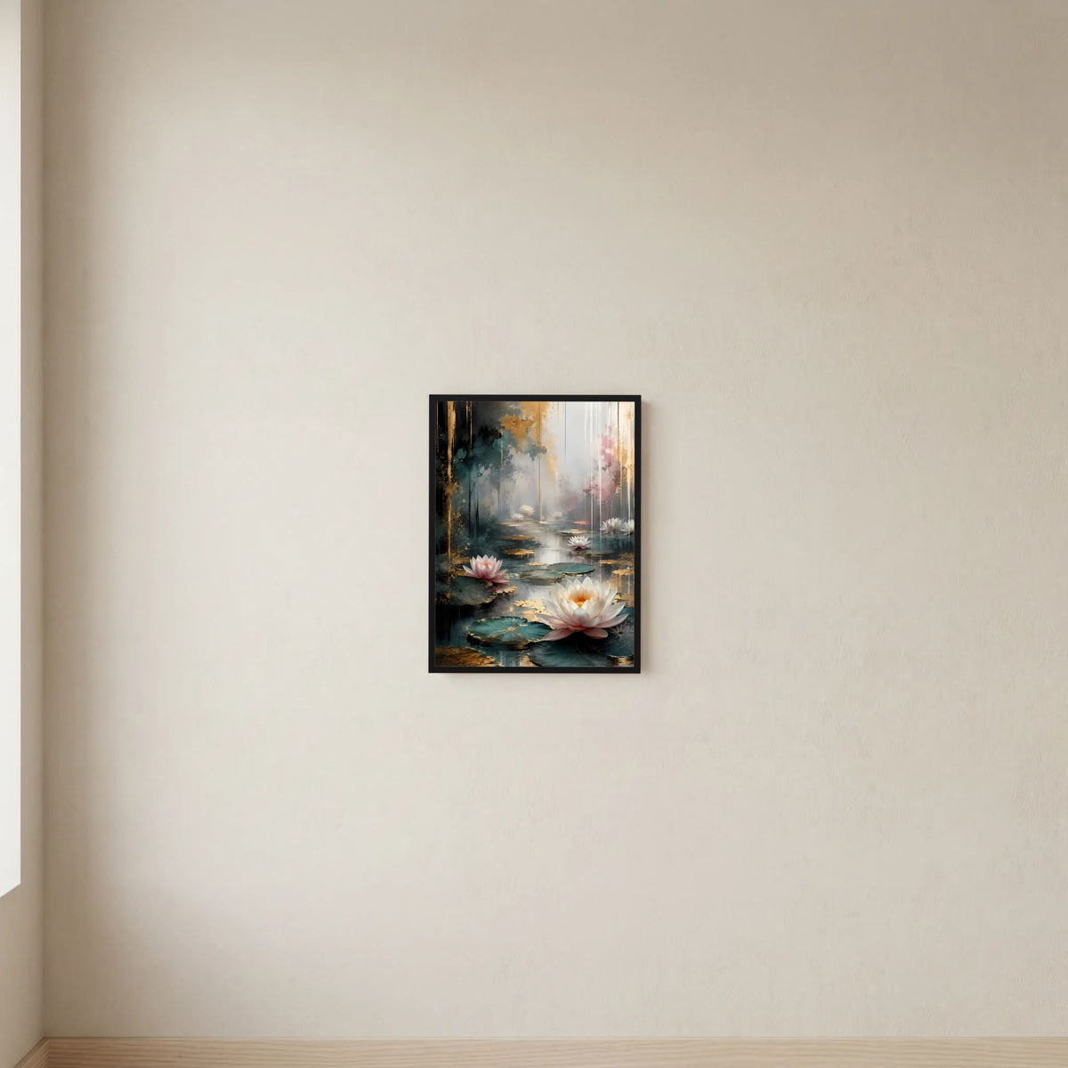 Kleines Hochformat-Poster mit Wasserlilien in Weiß und Rosa in dunklem Rahmen