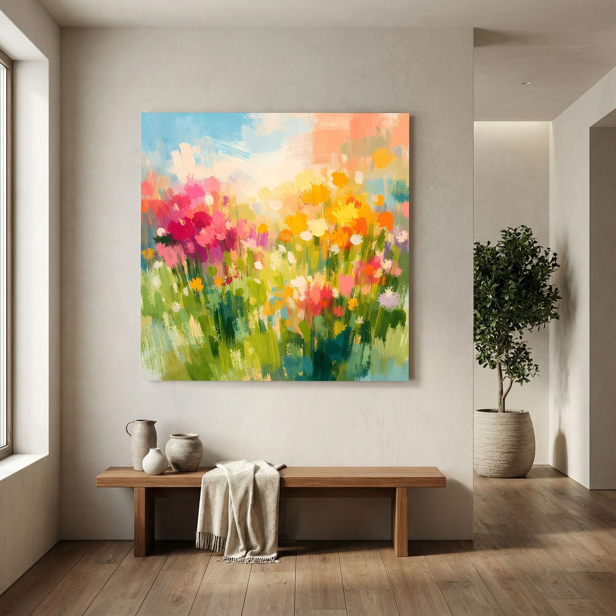 Leinwandbild mit abstrakter Blumenwiese an Wand, bunte Farben, heller Holzrahmen