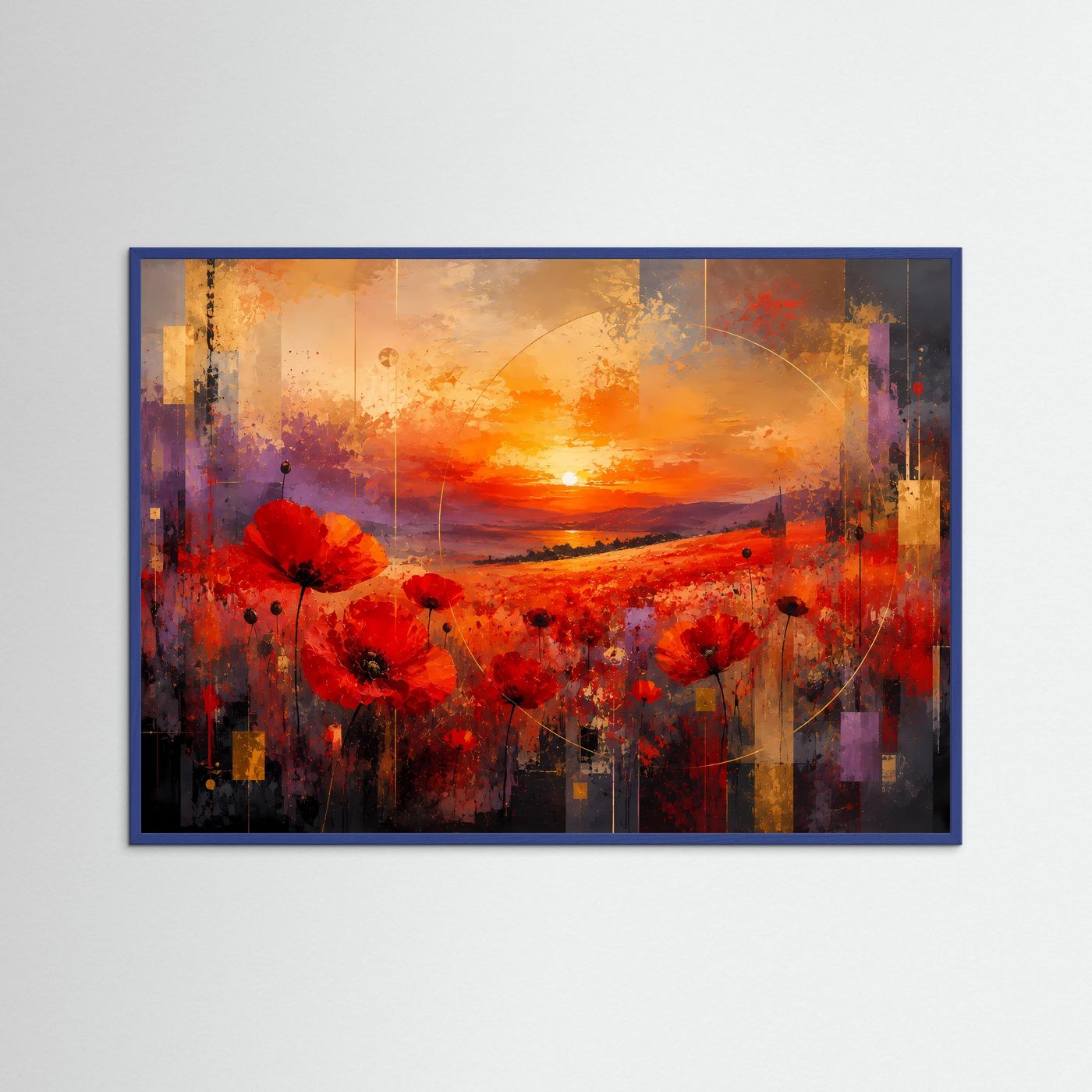 Mohnblumenfeld bei Sonnenuntergang Poster Querformat | Abstrakte Landschaft mit roten Mohnblumen | Modernes Wandbild in Rot, Orange & Gold