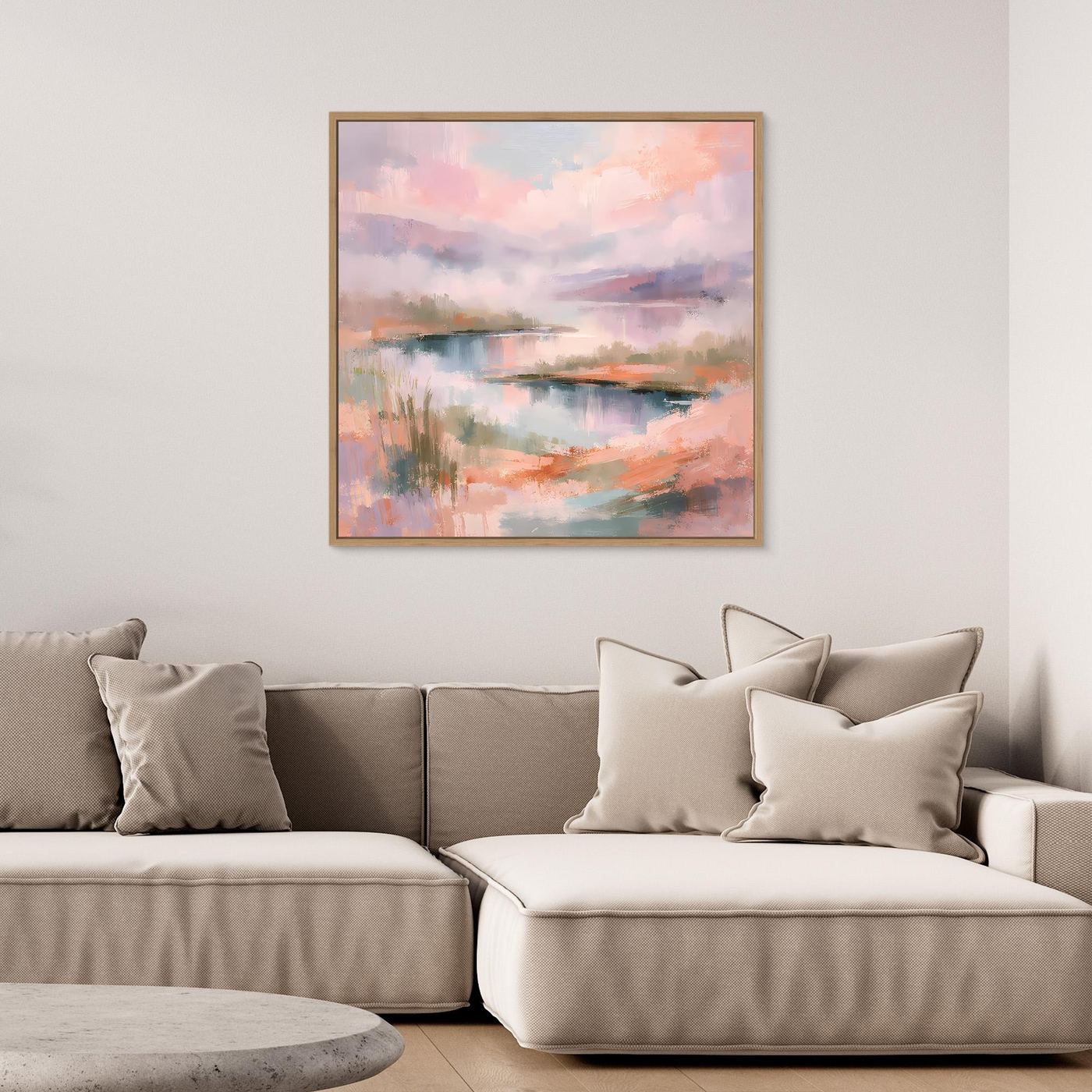 Abstraktes Pastell-Leinwandbild mit Seenlandschaft, rechteckig, goldener Holzrahmen