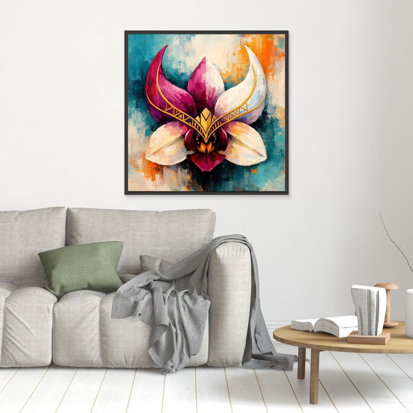Premium Leinwand Mystische Orchideen-Maske in Gold | Abstraktes Florales Wandbild im Fantasy-Stil