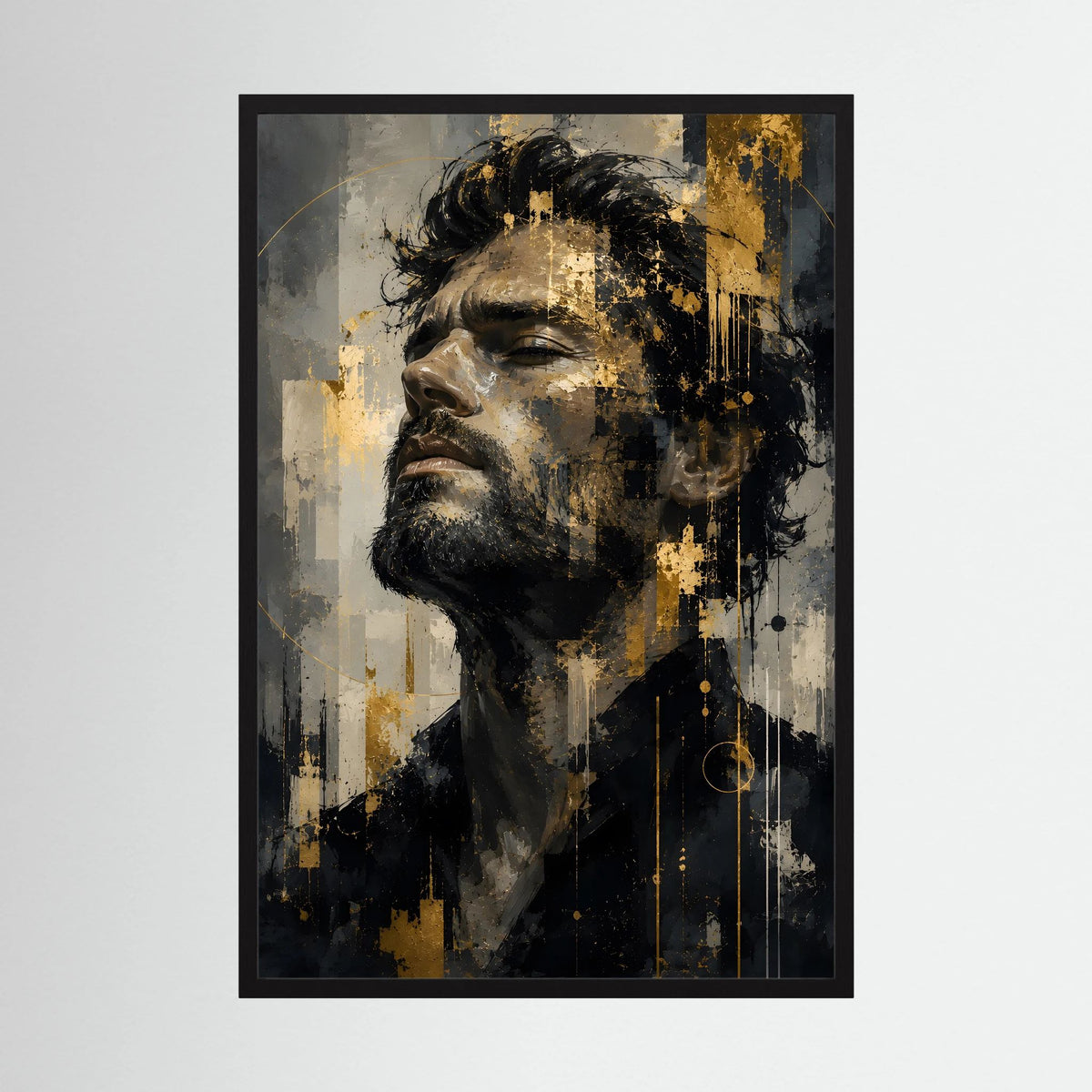 Kunstposter: abstraktes Männerporträt in Schwarz, Grau & Gold mit schwarzem Rahmen