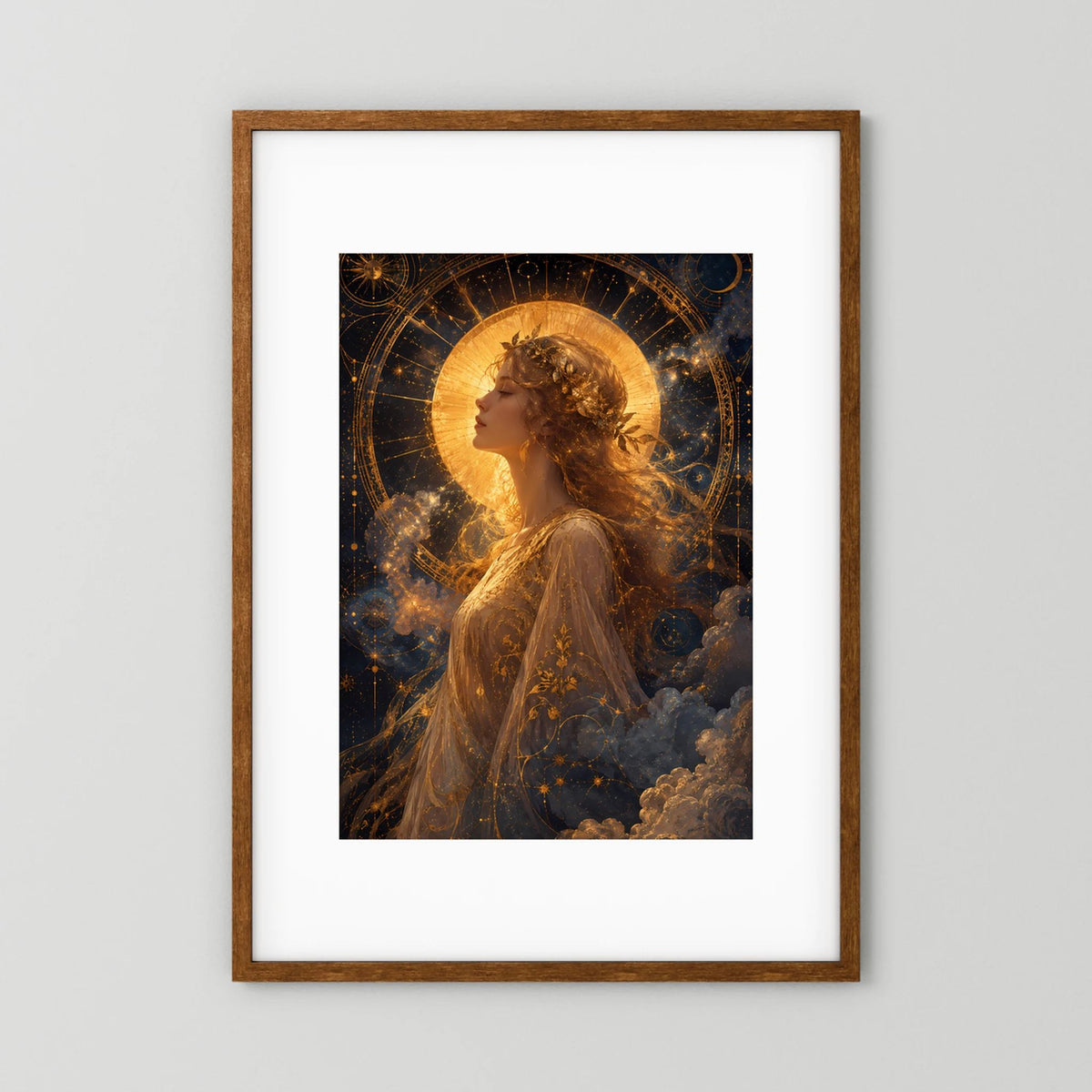 Poster mit goldener Himmelsgöttin im Profil, Sonnenscheibe und Sternen, Holzrahmen