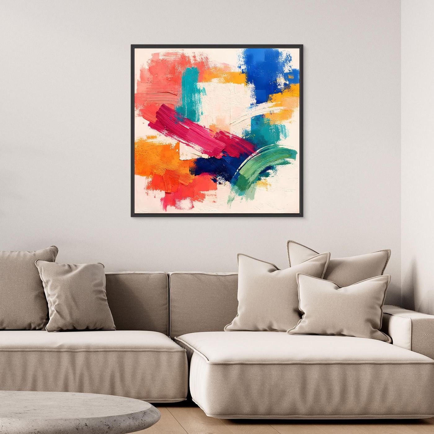 Colorful abstract canvas painting with bold brush strokes, black frame