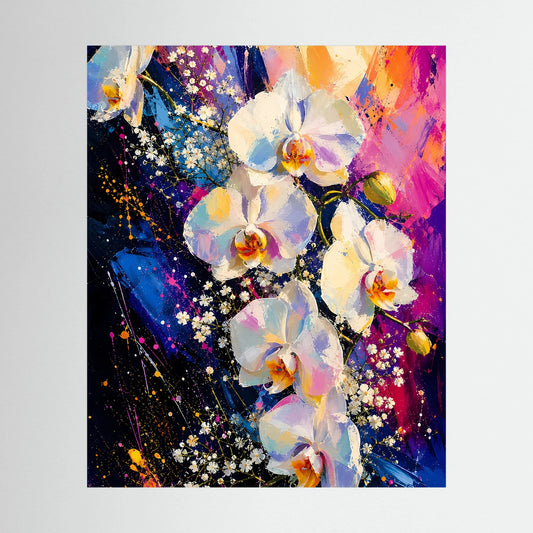 Unge rahmtes Poster mit abstrakten weißen Orchideen in Pink, Blau und Gold