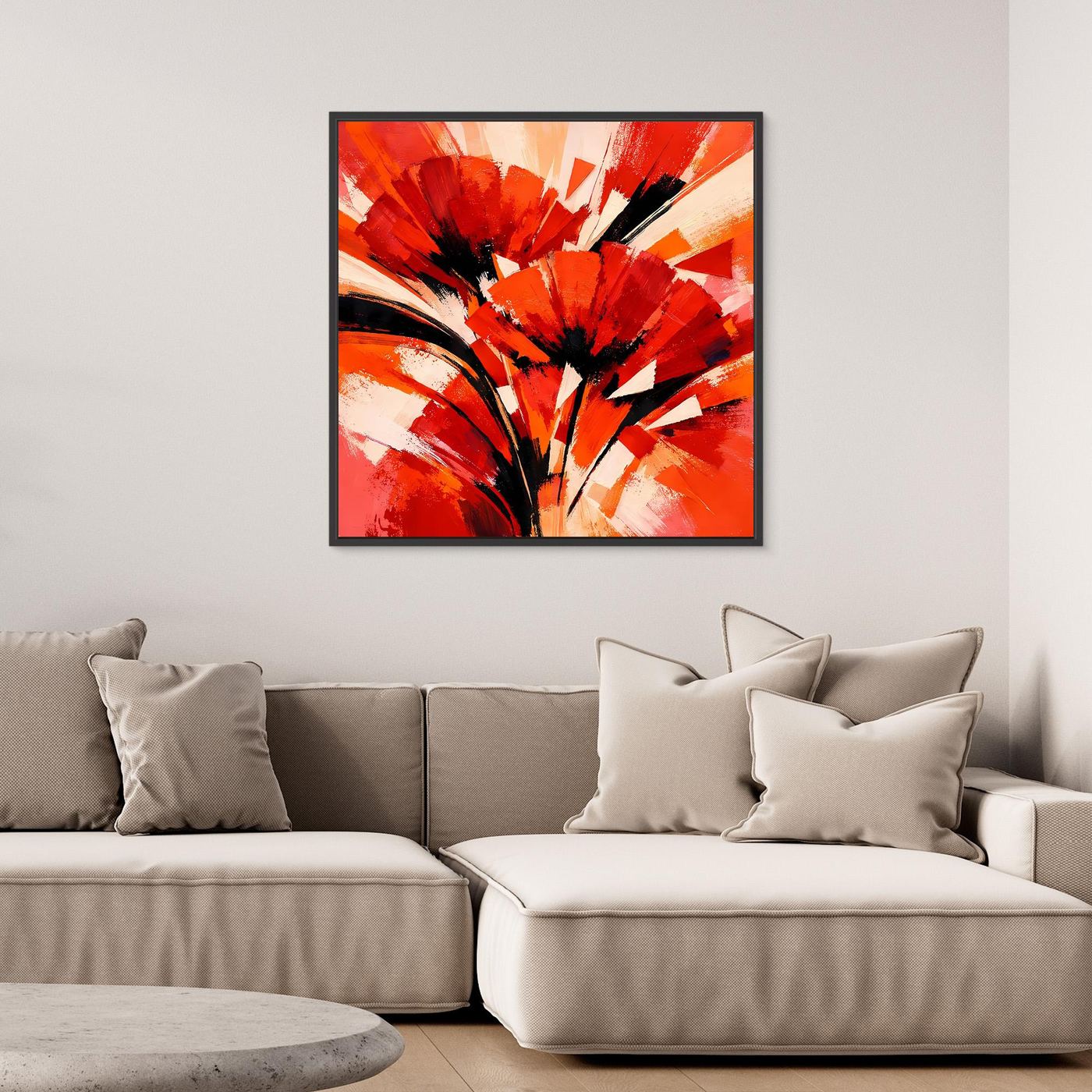Abstraktes Mohn-Leinwandbild mit Rot-Orange-Bändern, schwarzen Linien und weißem Rahmen