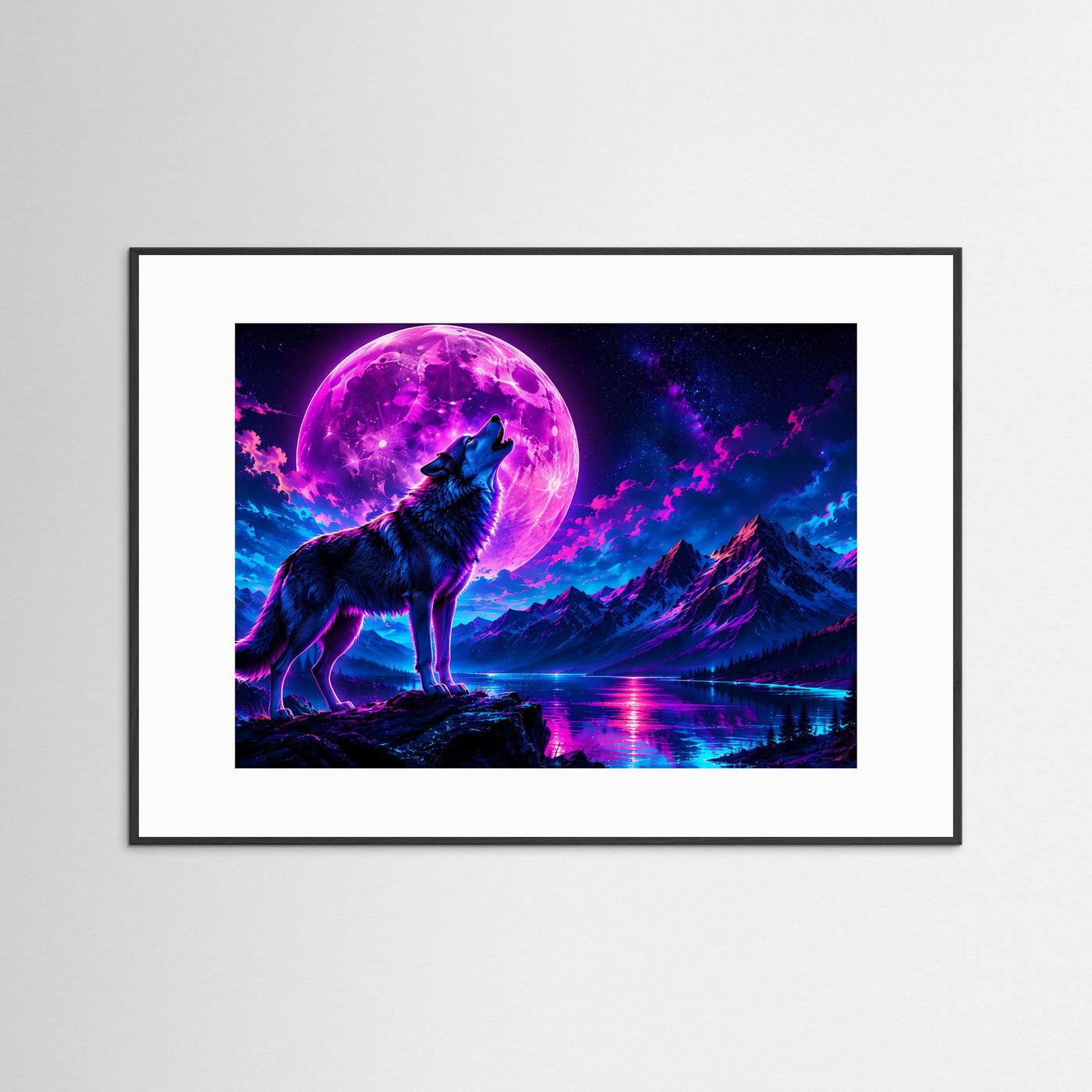 Poster mit Wolf vor lila Vollmond, schwarzer Rahmen und weißer Rand