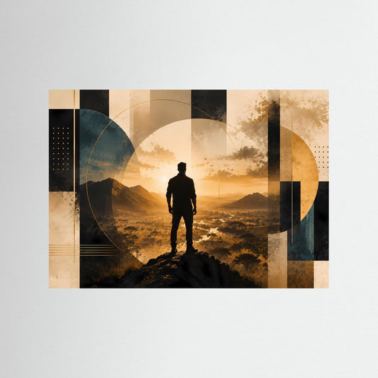 Querformat-Poster mit Silhouette eines Mannes auf Berggipfel, abstrakt in Gold und Schwarz