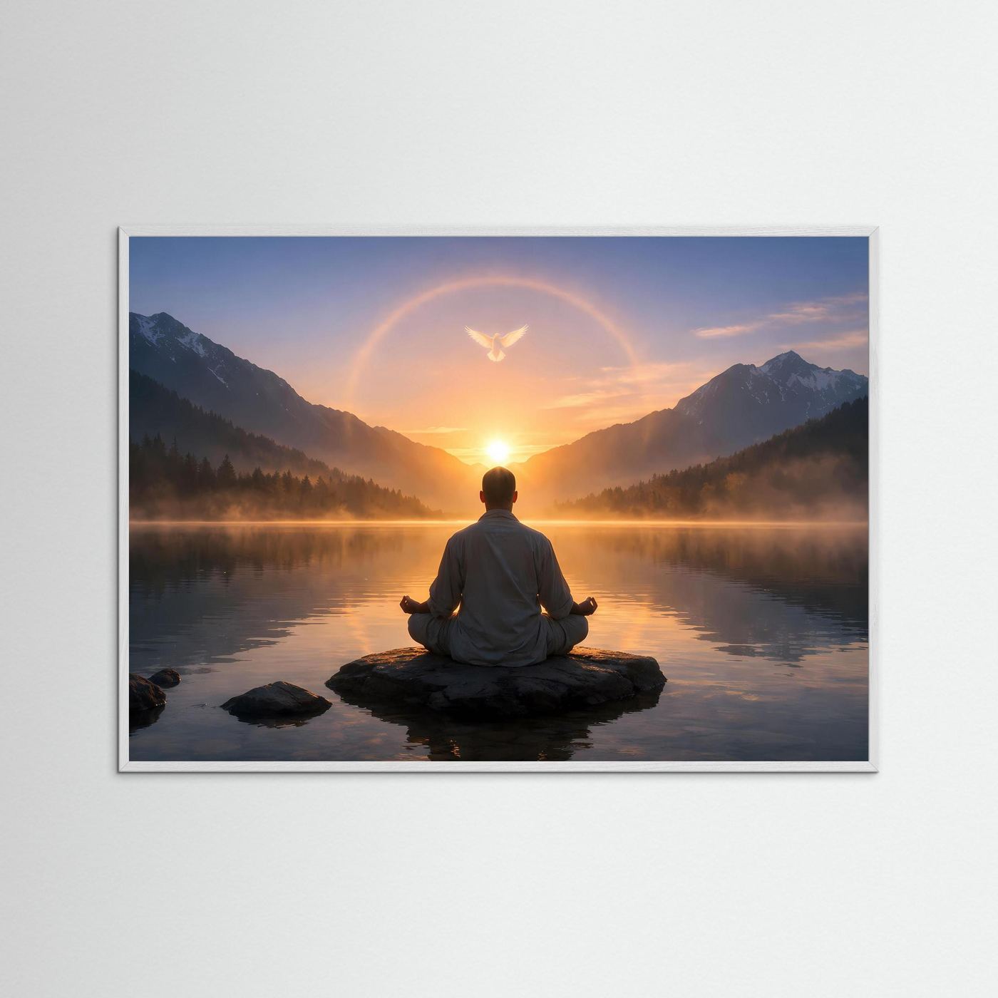 Meditationsposter mit Person im Schneidersitz auf Felsinsel, Sonnenaufgang, Lichtbogen, silberner Rahmen