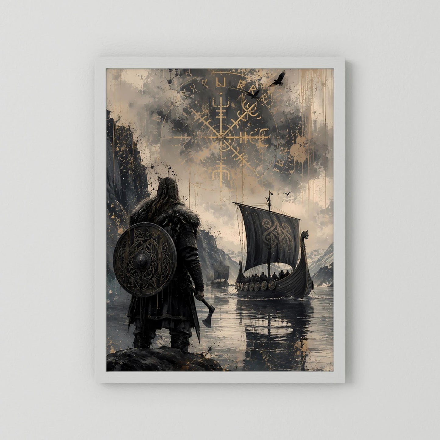 Vikinger-Poster im Hochformat mit weißem Rahmen: Krieger mit Schild, Langschiff, Runen
