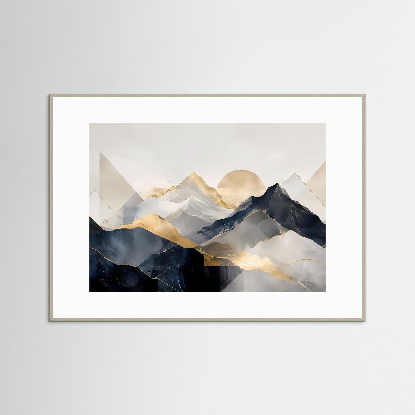 Gerahmter Kunstdruck: abstrakte Berge in Beige, Gold und Blau, weißer Passepartout