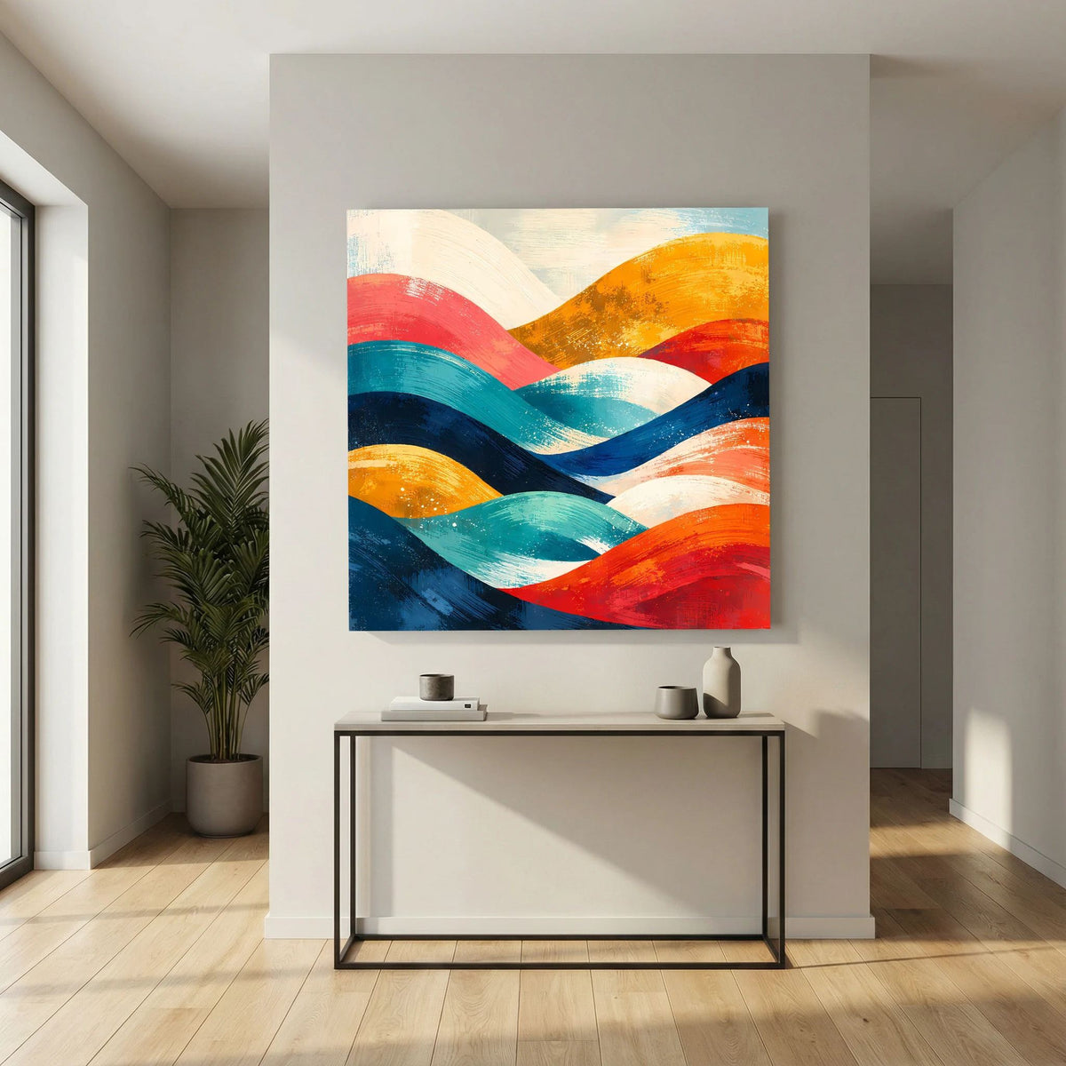 Abstraktes Wandbild: farbenfrohe, wellenartige Hügel auf Holz-Keilrahmen