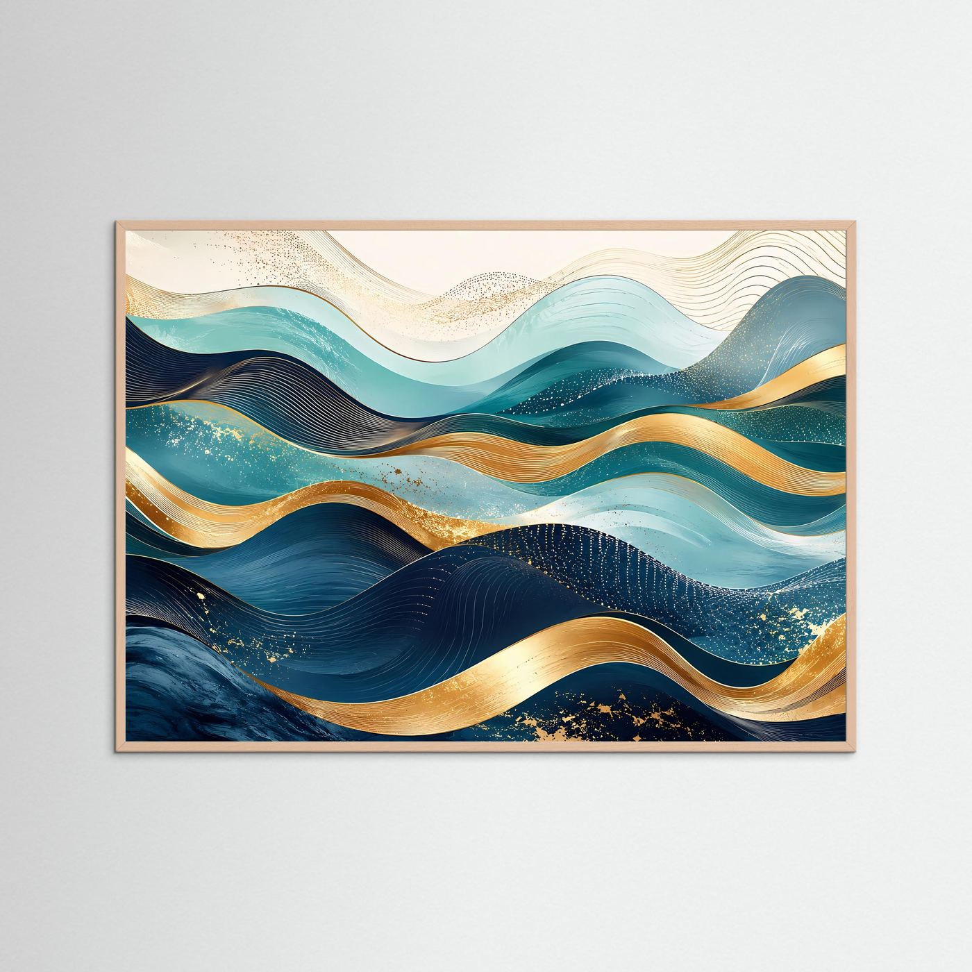 Abstrakte Wellen Poster Querformat | Moderne Wandkunst in Blau, Türkis & Gold | Elegantes Panorama Wandbild