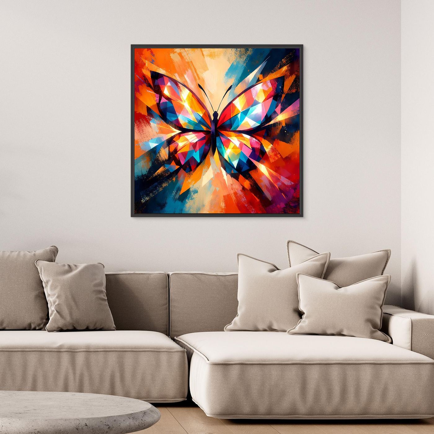 Buntes Schmetterlings-Wandbild auf Leinwand mit schwarzem Rahmen