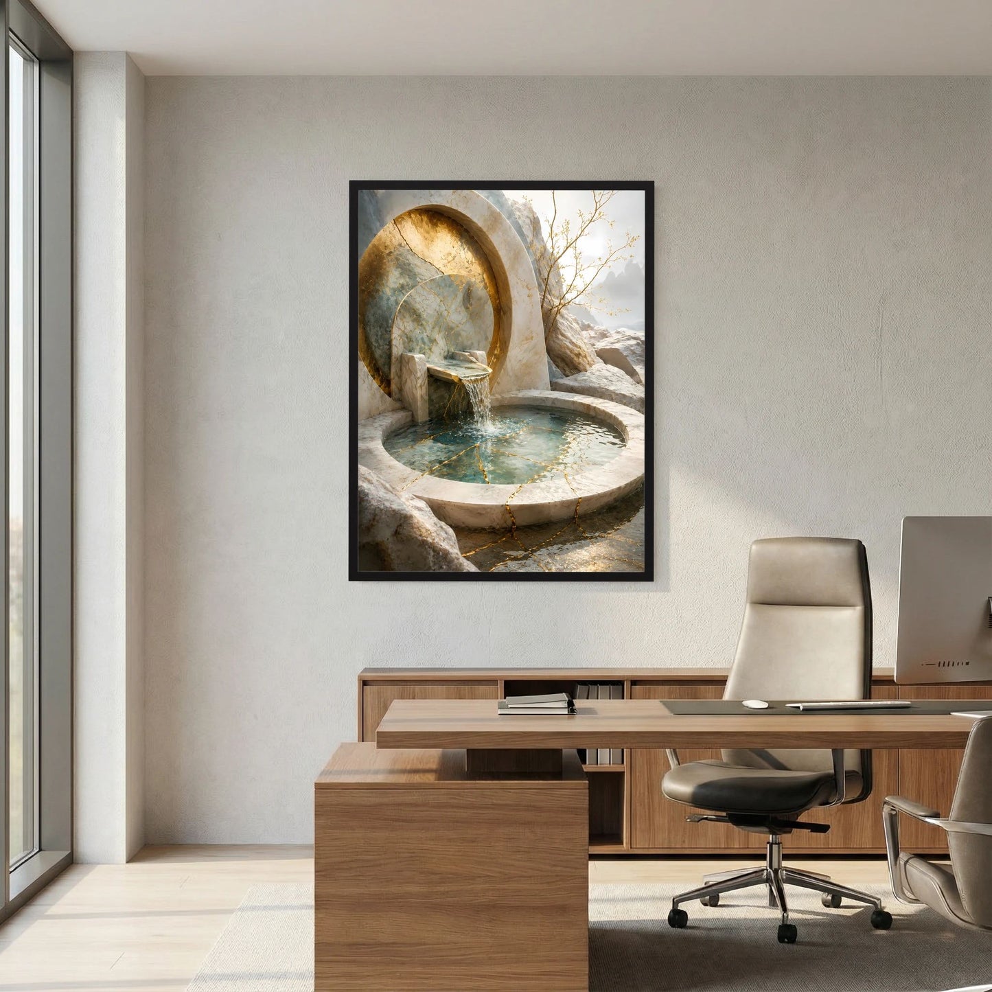 Hochformat-Poster mit goldener Quelle: Natursteinform, Felsbogen und türkis schimmerndes Becken