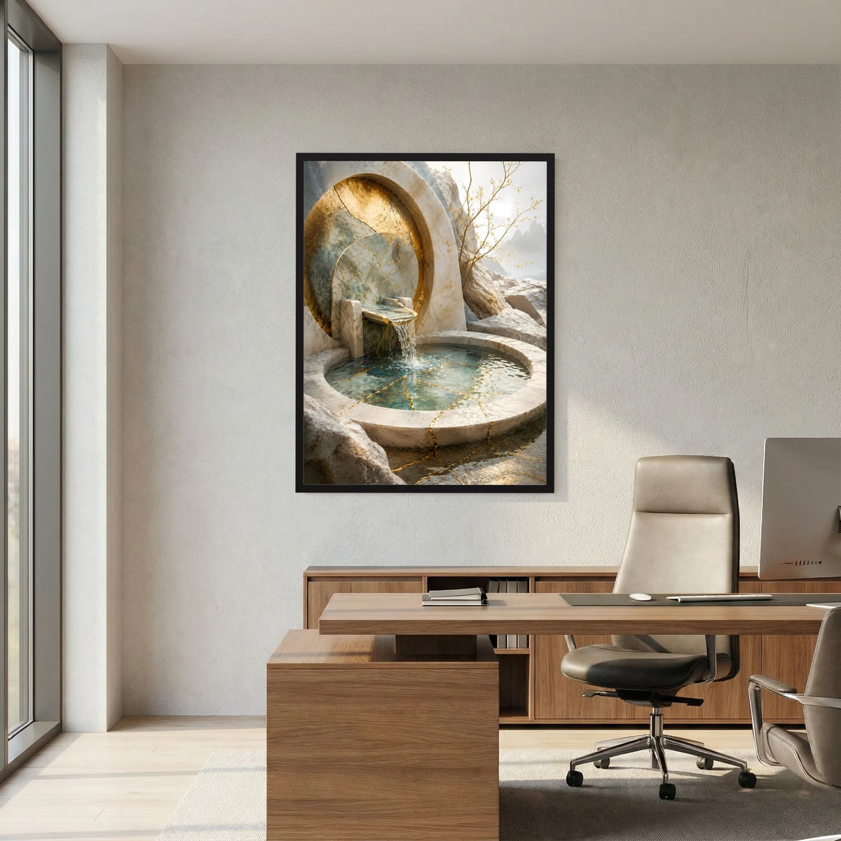 Hochformat-Poster mit goldener Quelle: Natursteinform, Felsbogen und türkis schimmerndes Becken